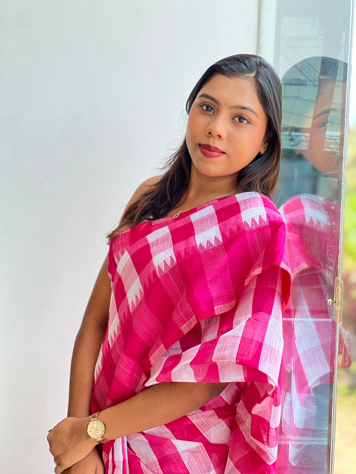 Madras Check Pattern Linen Cotton Saree | RP864