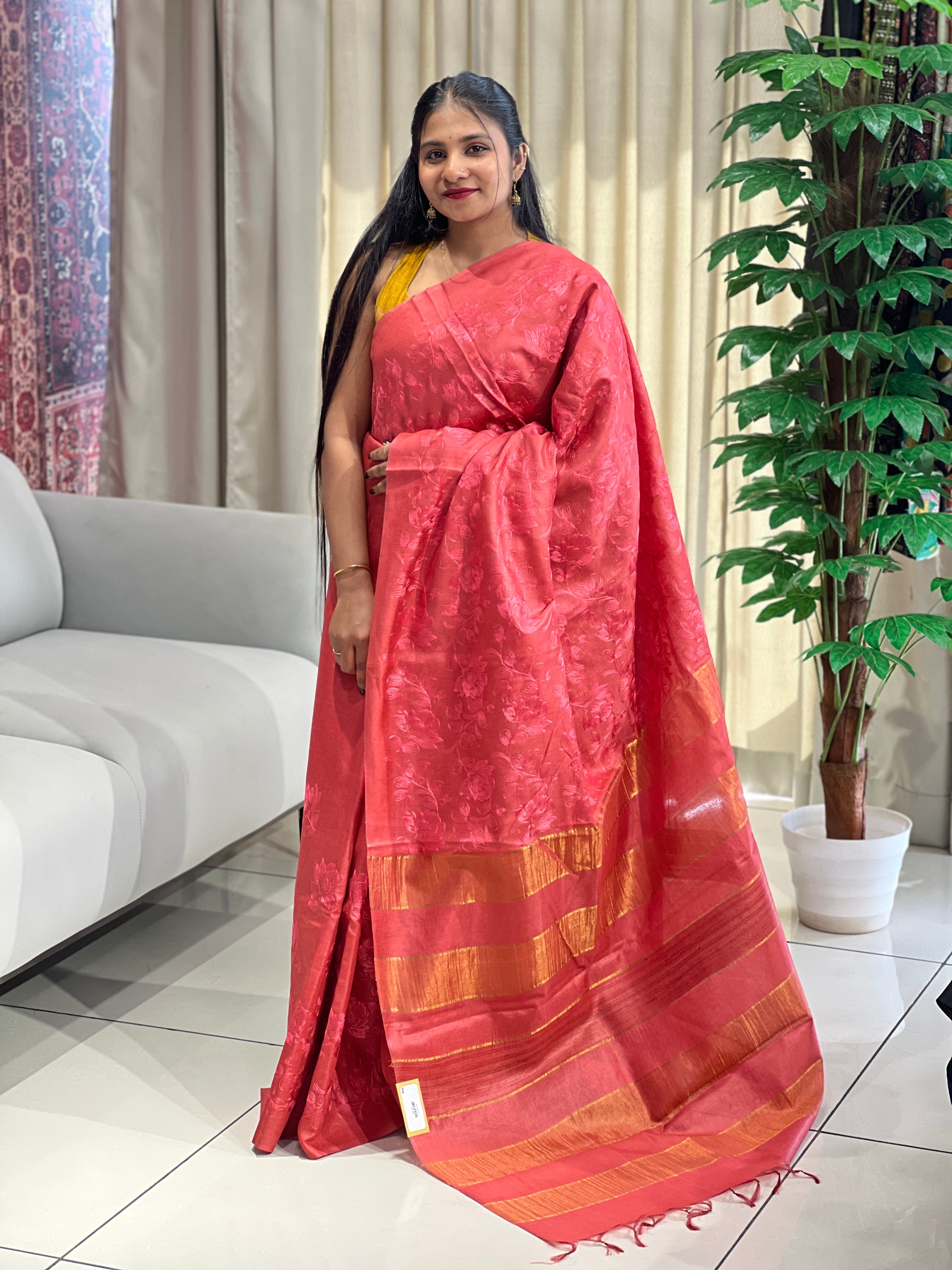 Floral Embroidery Detailed Tussar Saree | HS1302