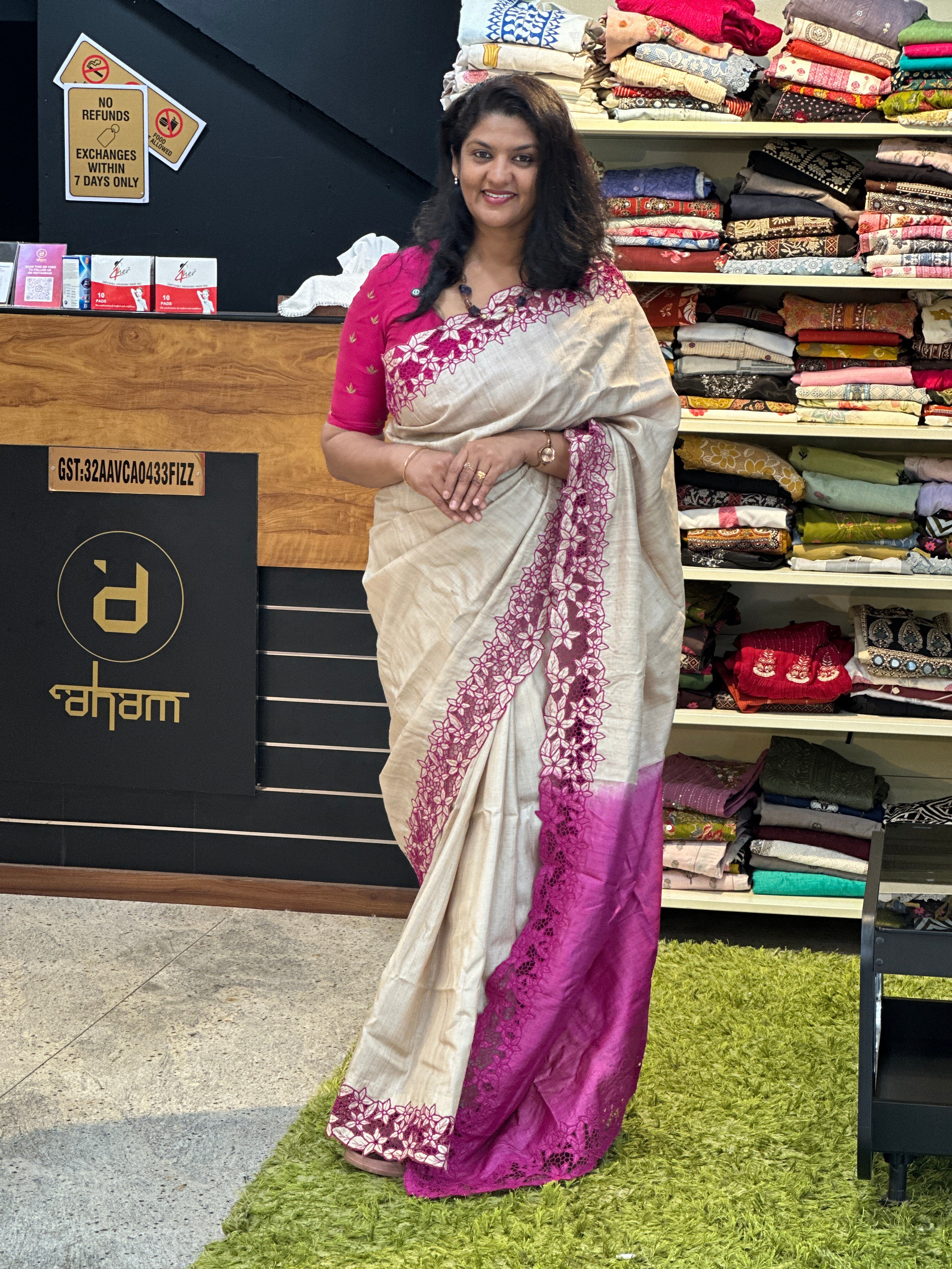 Beige & Magenta Color Twine Cutwork Desi Tussar Saree | TC272