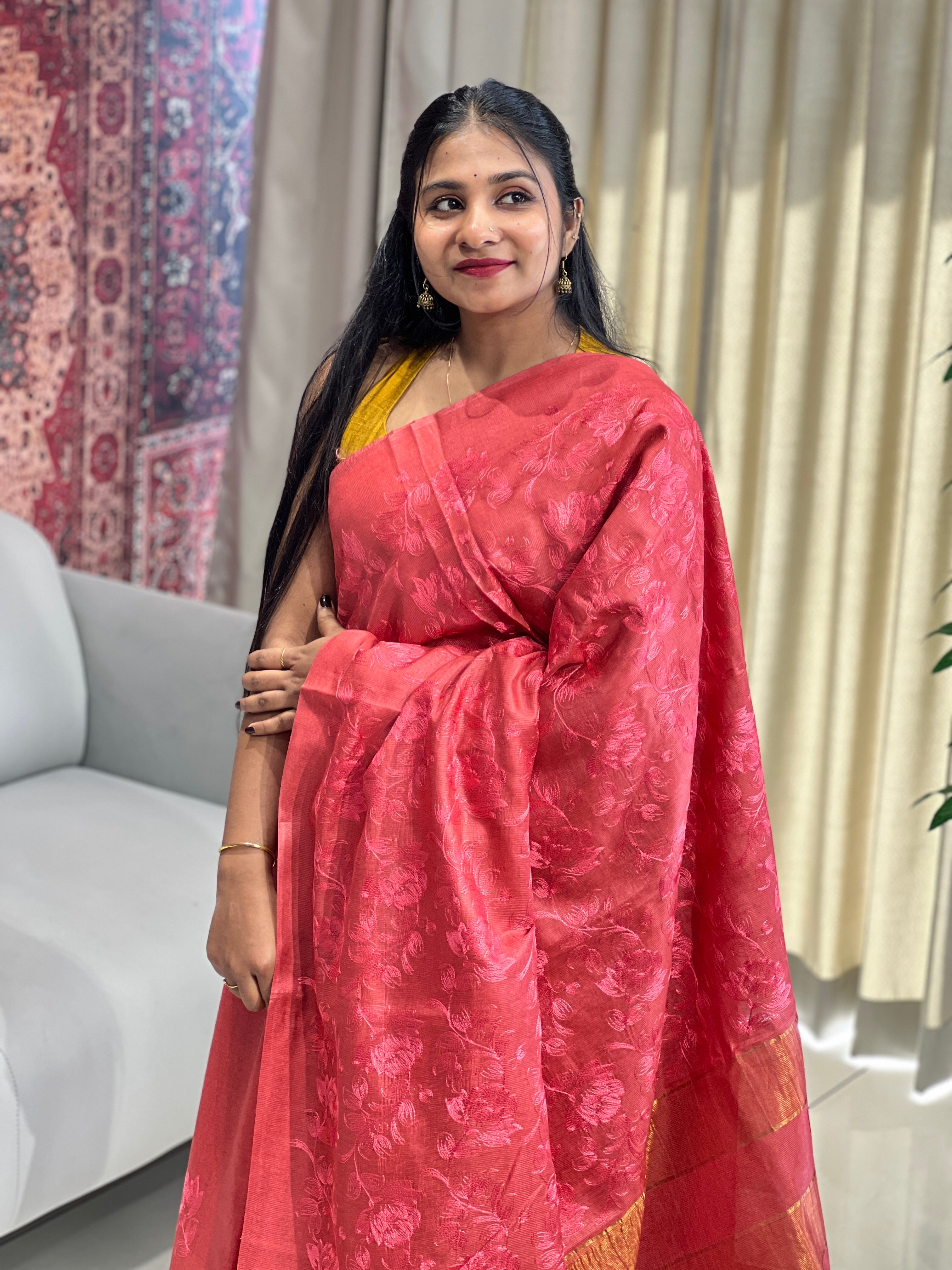 Floral Embroidery Detailed Tussar Saree | HS1302