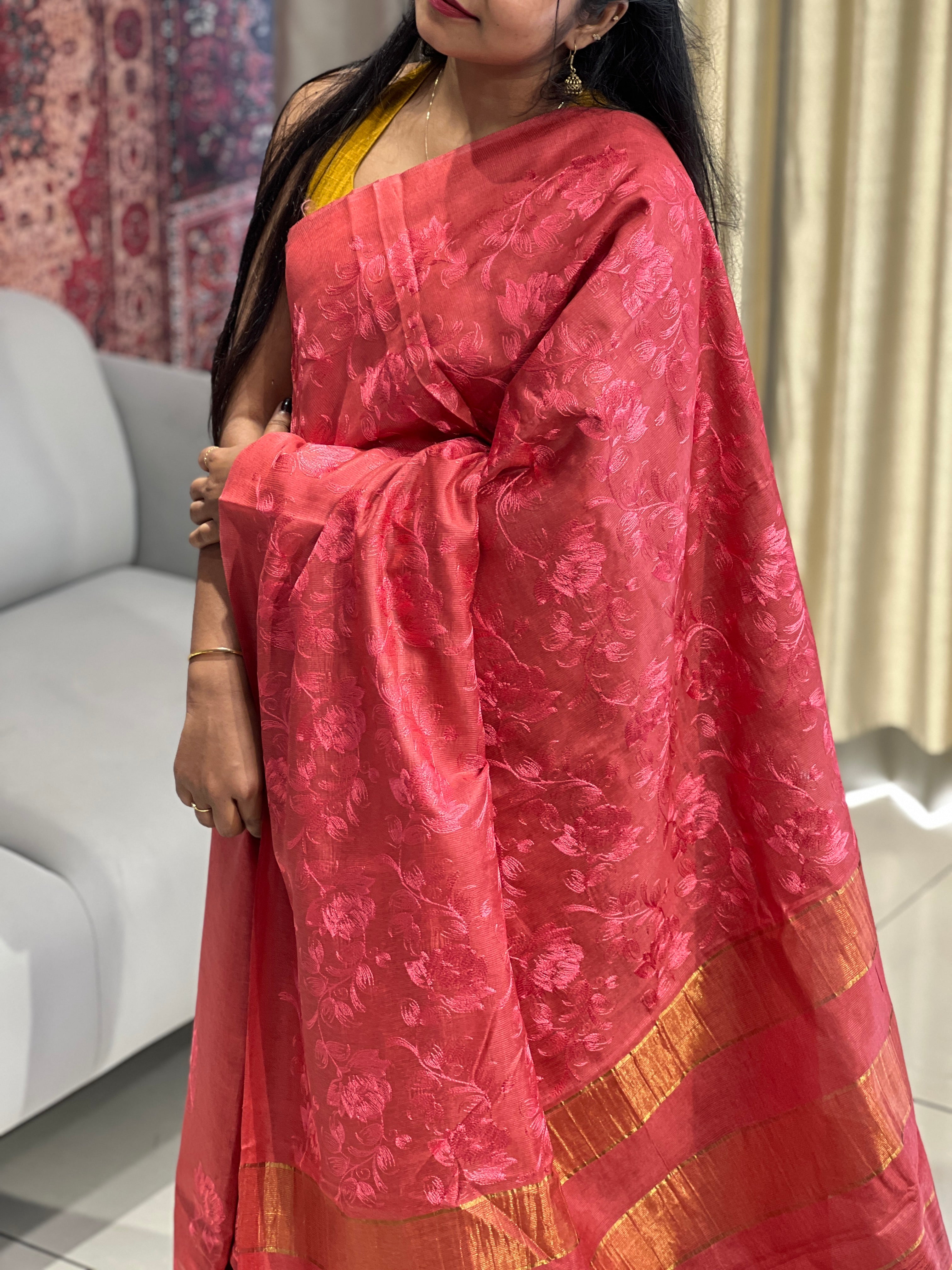 Floral Embroidery Detailed Tussar Saree | HS1302