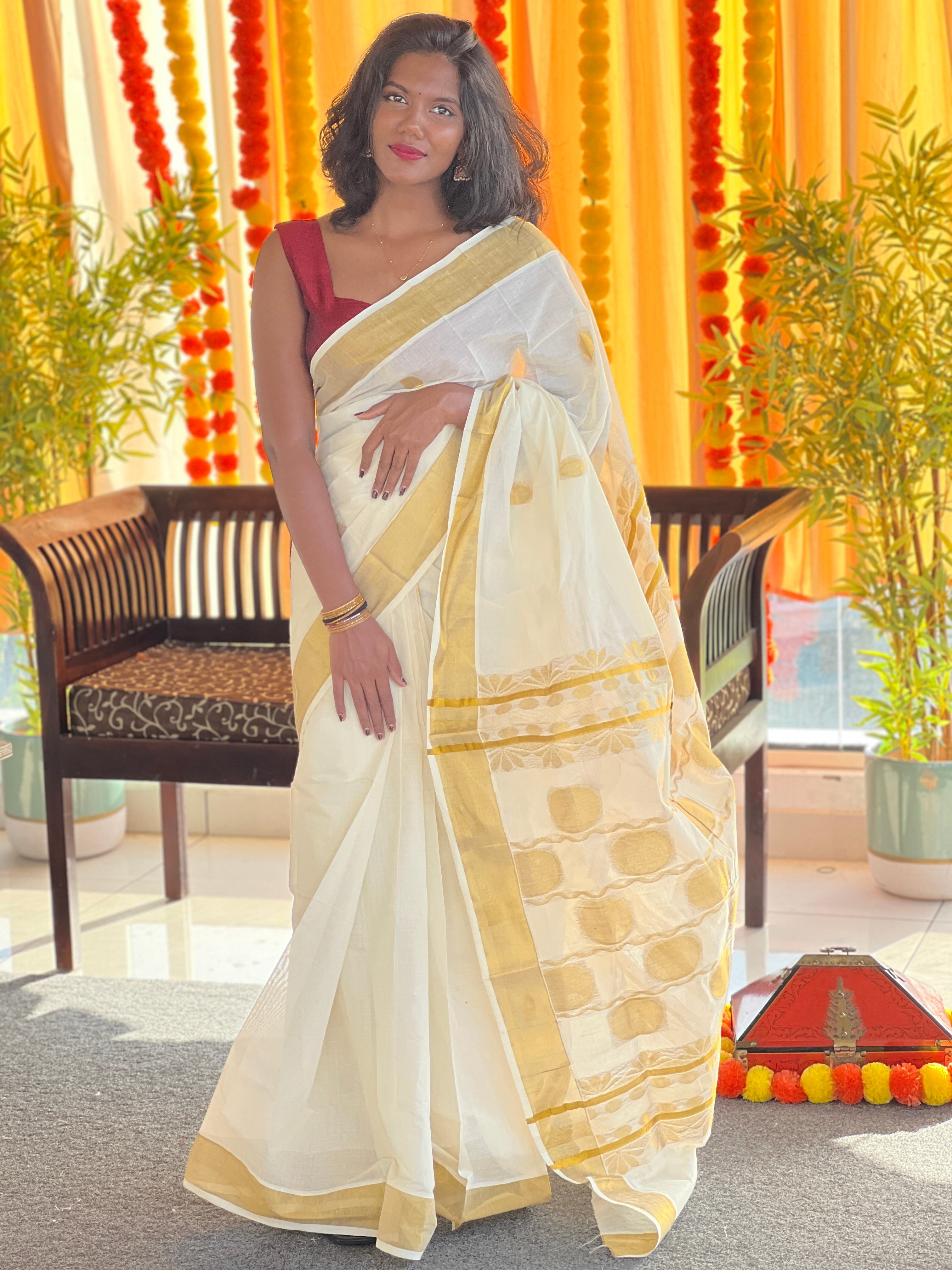 Zari Butta With Kasavu Border Detailed Kerala Cotton Saree | RAV104