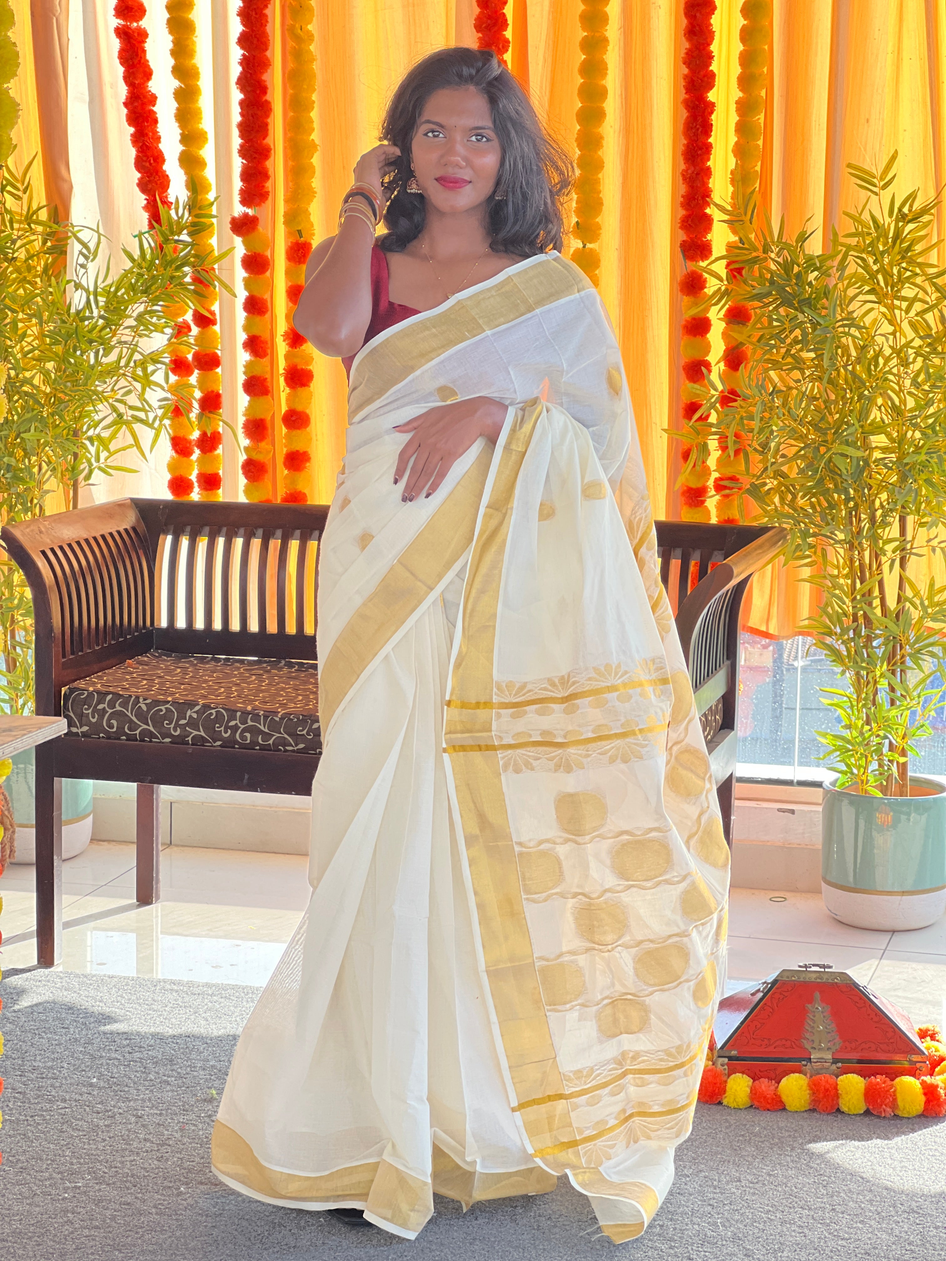 Zari Butta With Kasavu Border Detailed Kerala Cotton Saree | RAV104