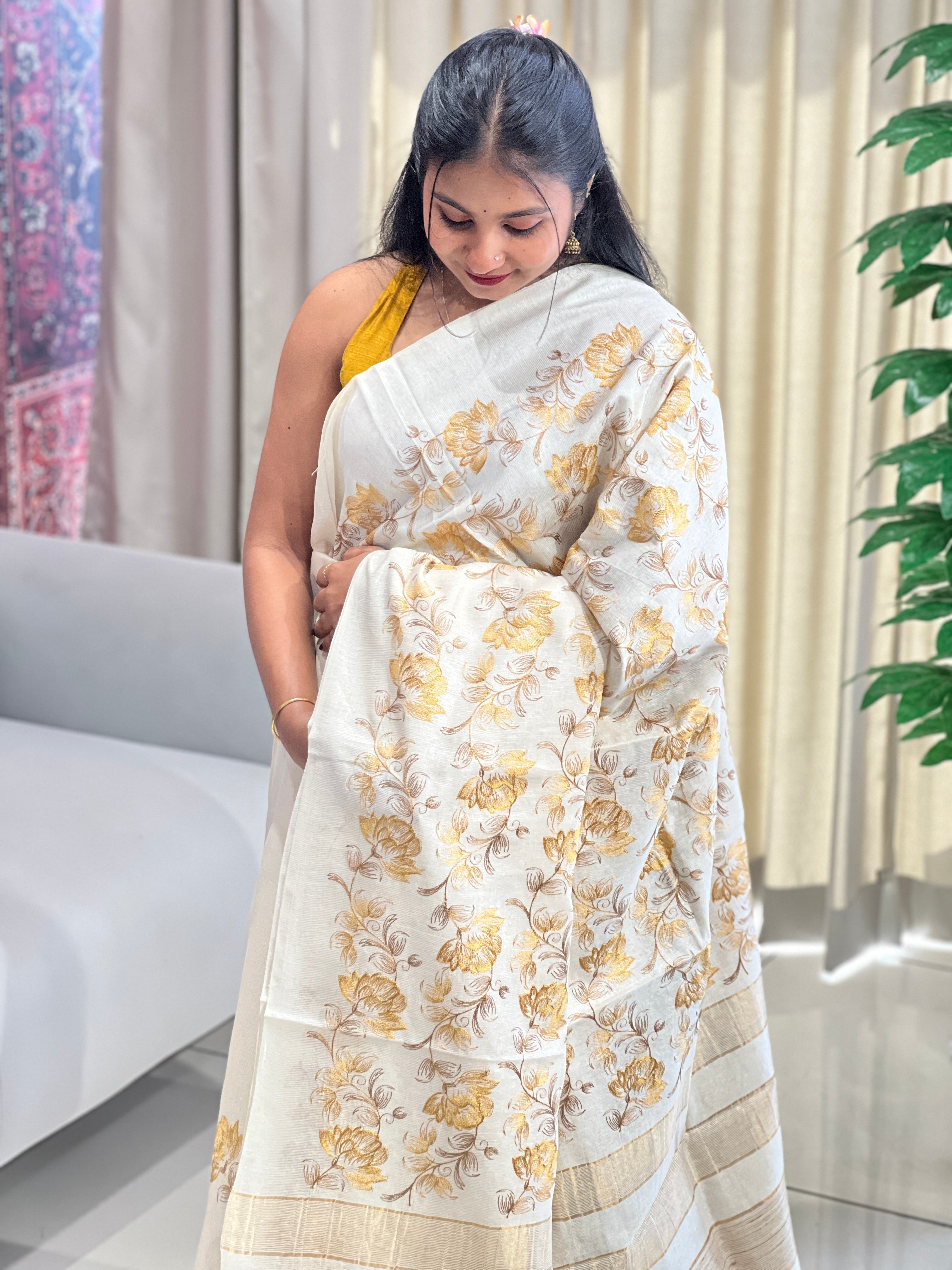 Floral Embroidery Detailed Tussar Saree | HS1307