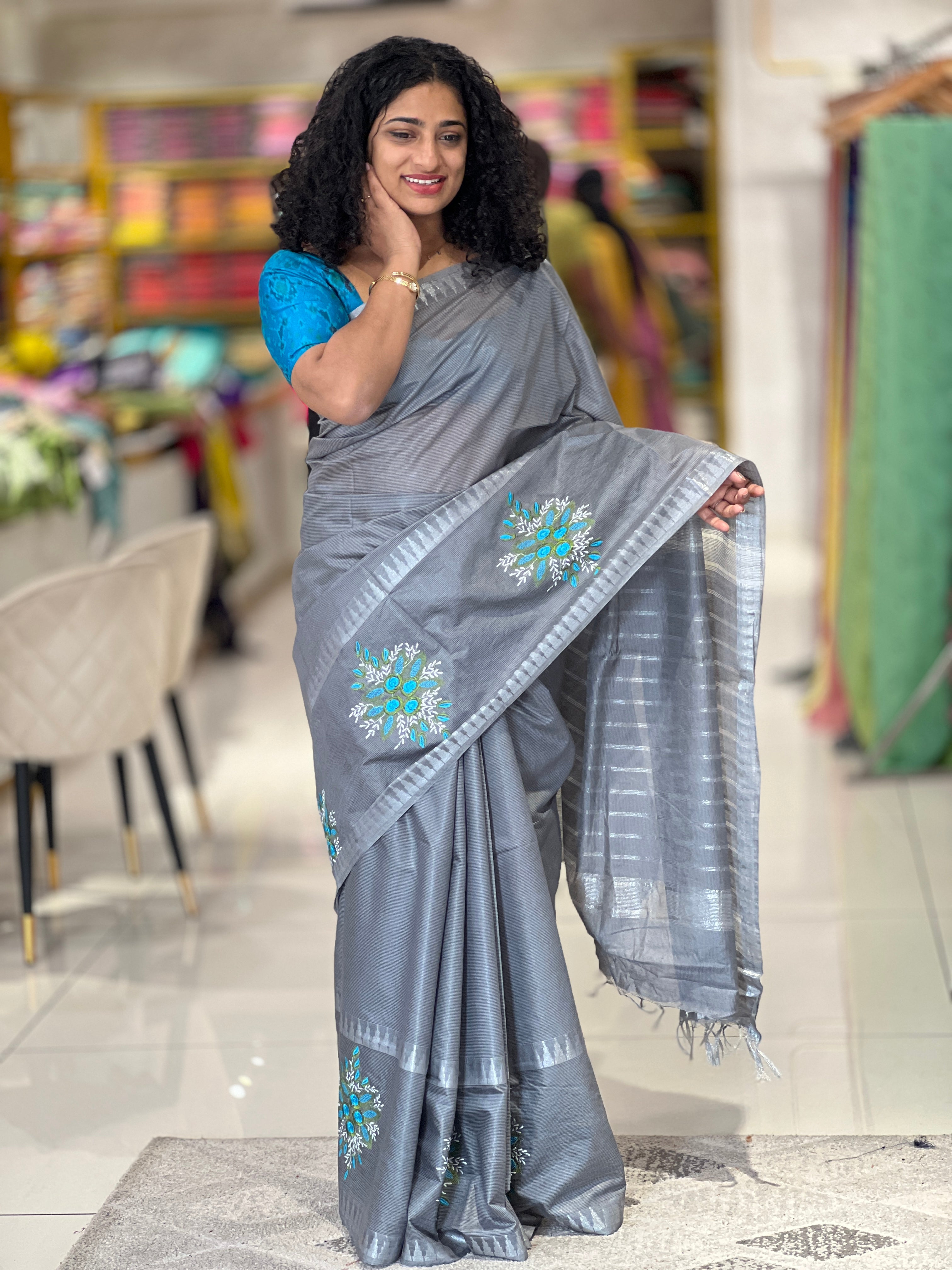 Floral Embroidery Detailed Bhagalpuri Saree | NHH398