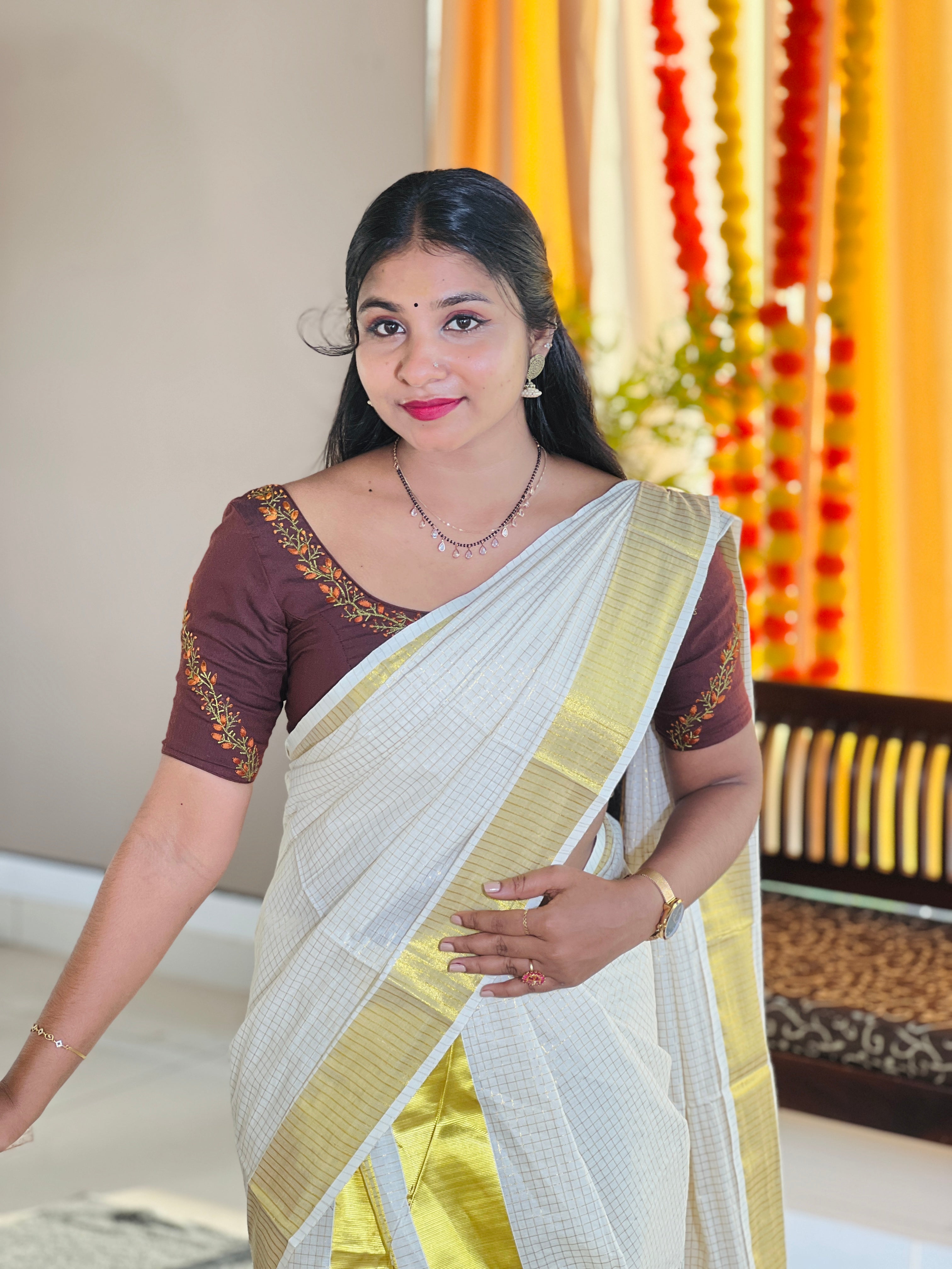 Zari Check With Kasavu Border Detailed Kerala Cotton Set Mundu | RAV110