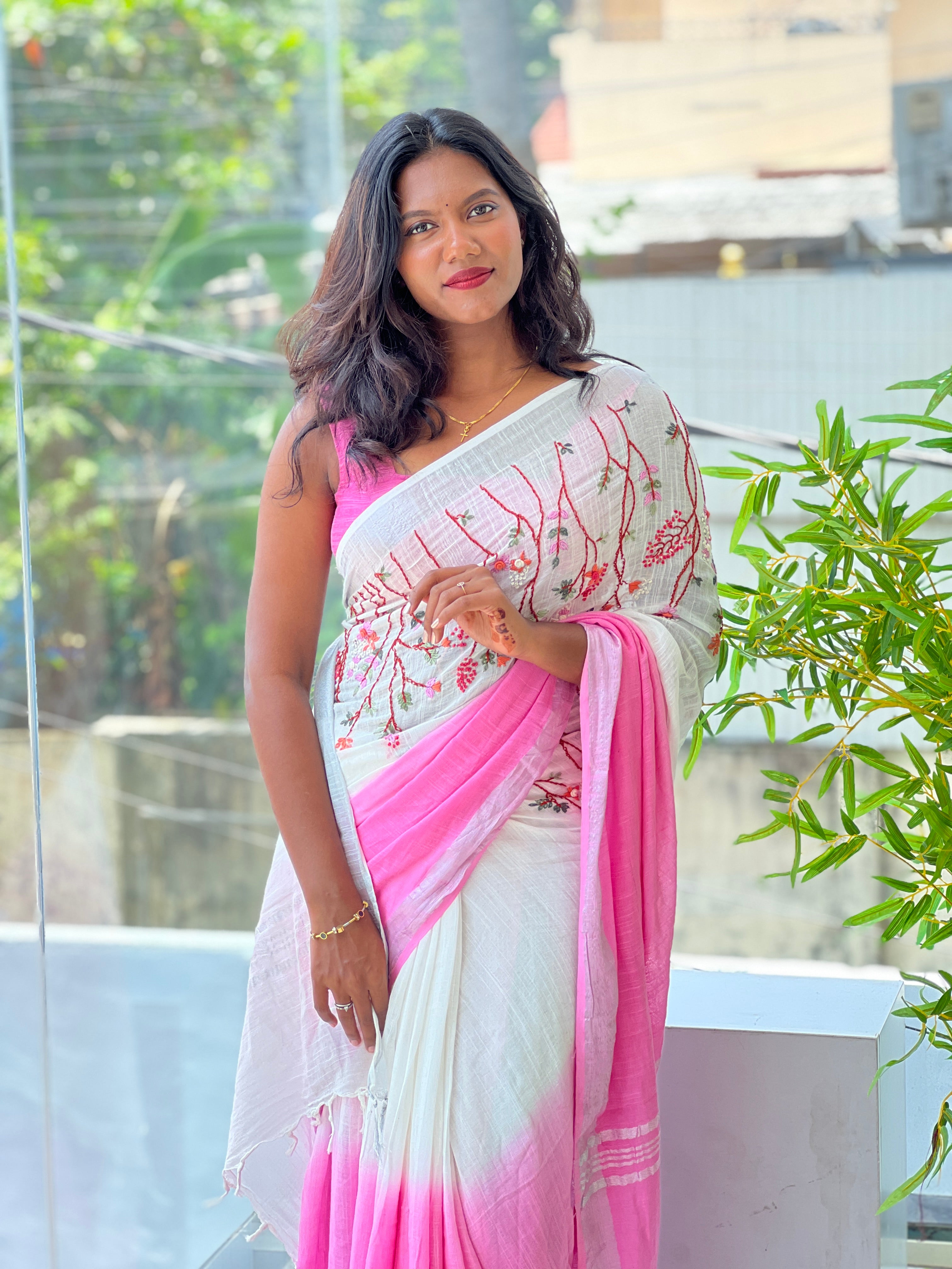 Hand Embroidered Bhagalpuri Linen Saree | RP880