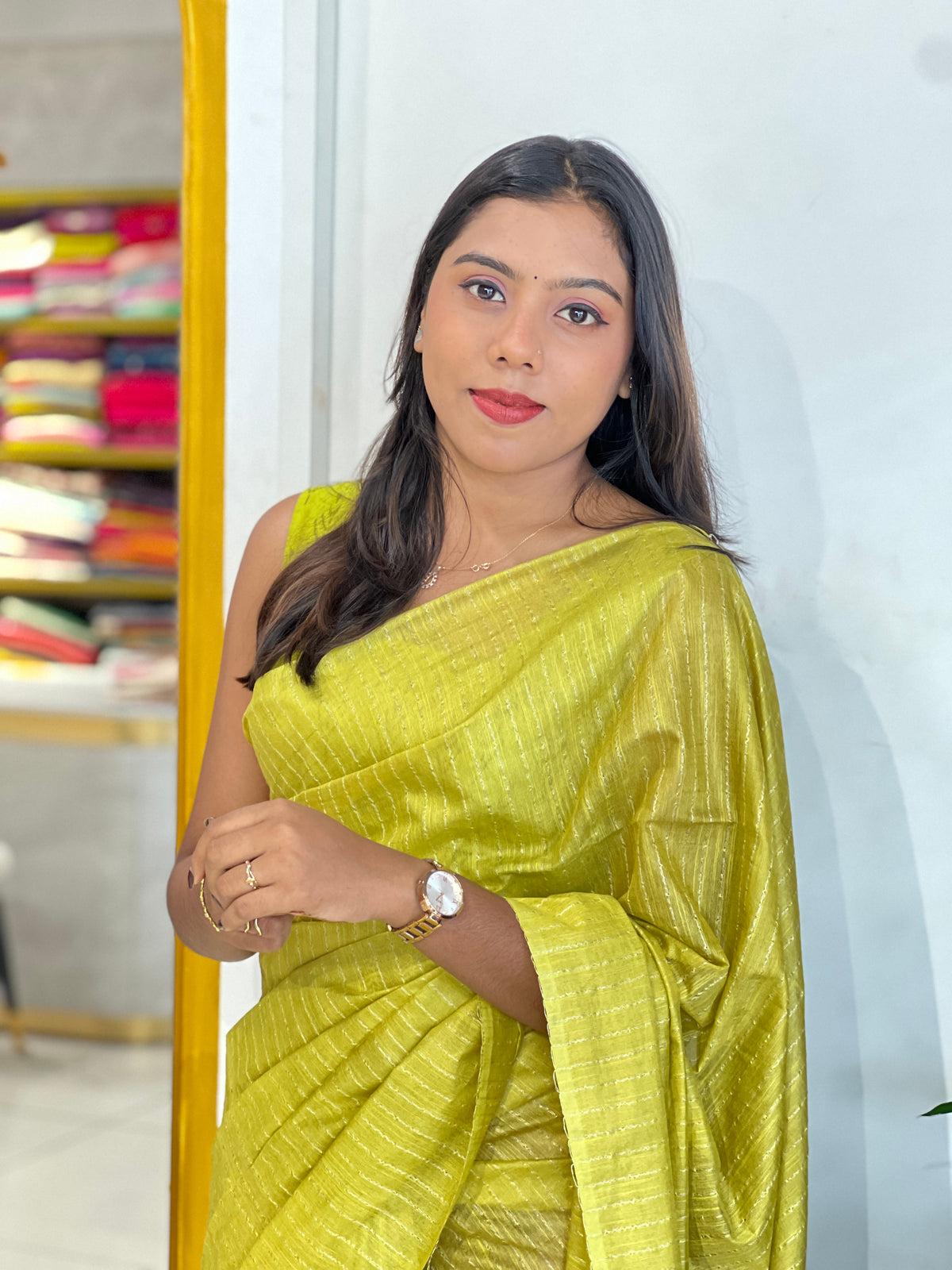 Golden Lurex Yarns Stripe Weaving Pattern Bhagalpuri Linen Saree | DLS183