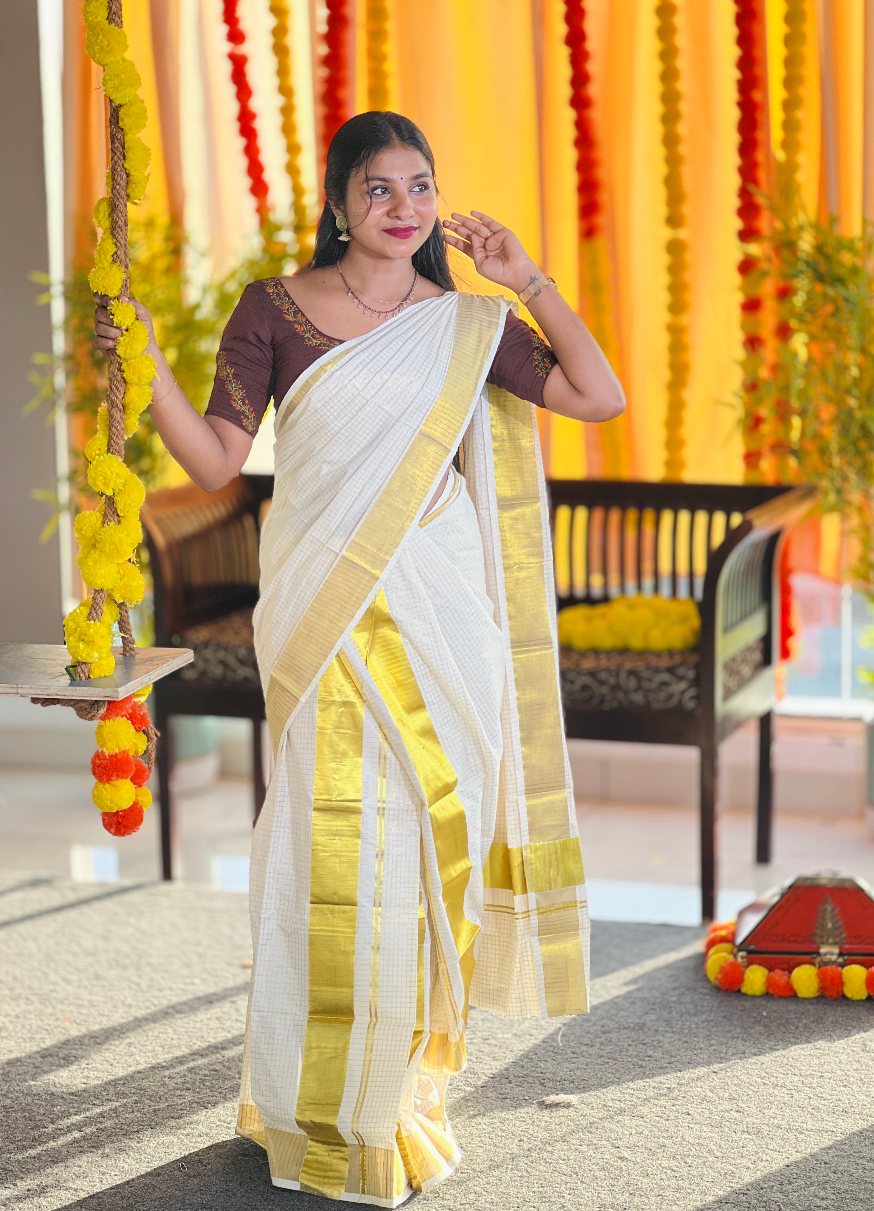 Zari Check With Kasavu Border Detailed Kerala Cotton Set Mundu | RAV110