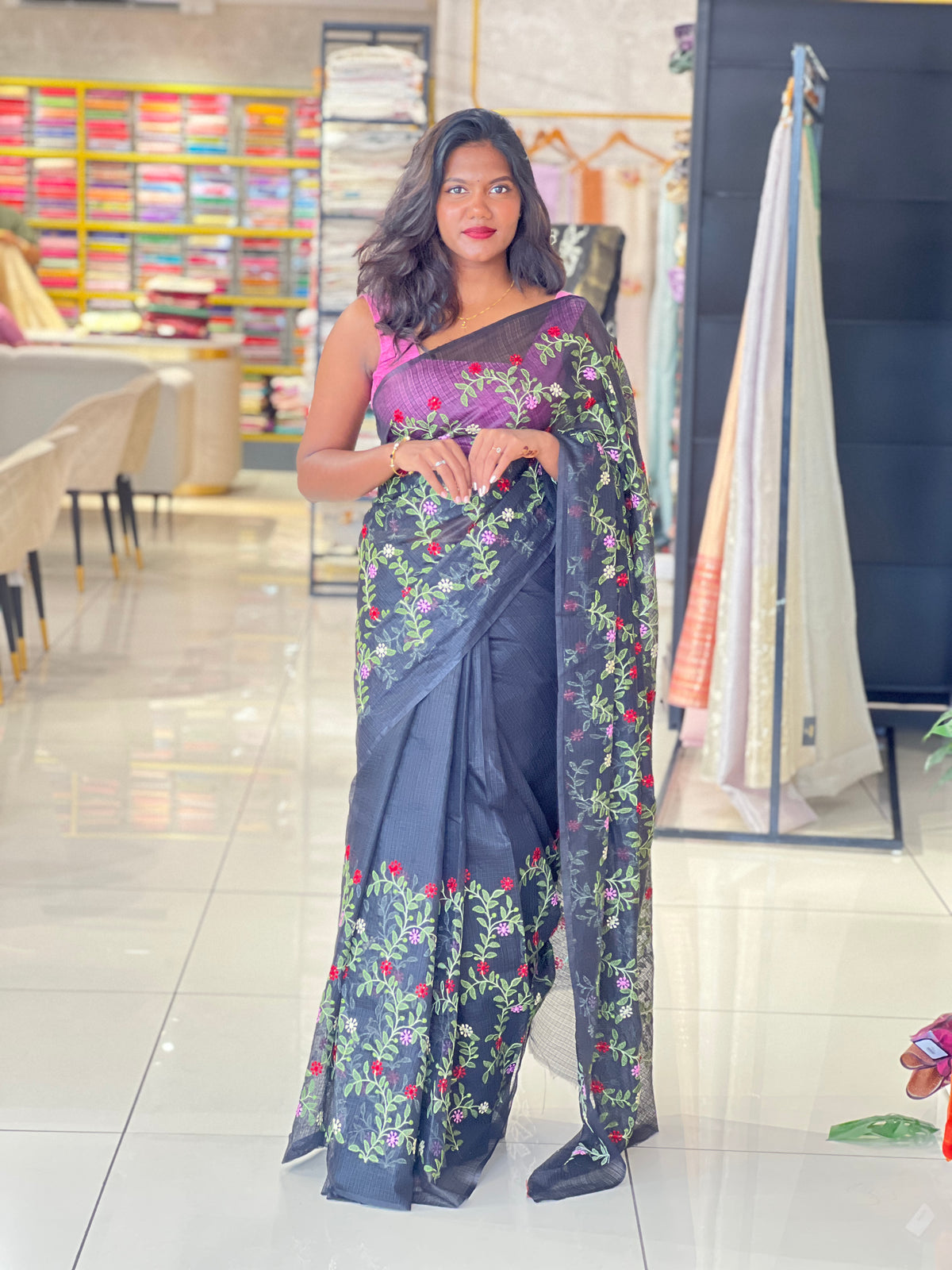 Floral Embroidery Detailed Silky Kota Saree | NHH476