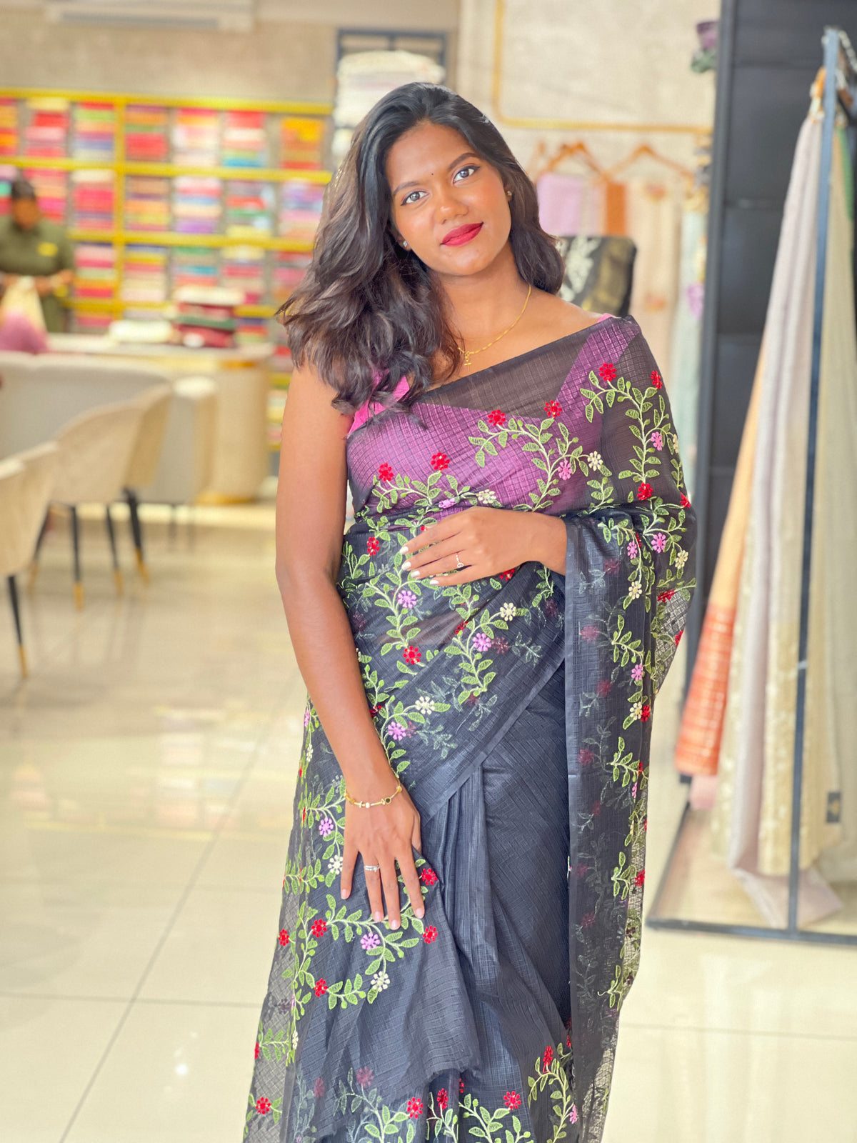 Floral Embroidery Detailed Silky Kota Saree | NHH476