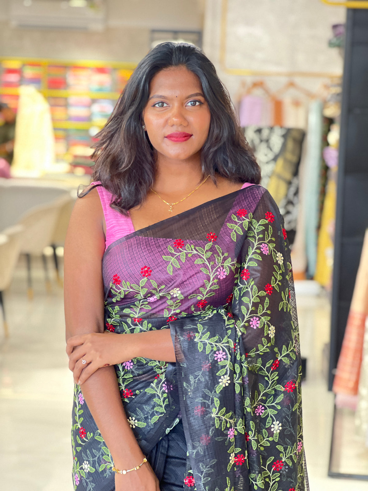 Floral Embroidery Detailed Silky Kota Saree | NHH476