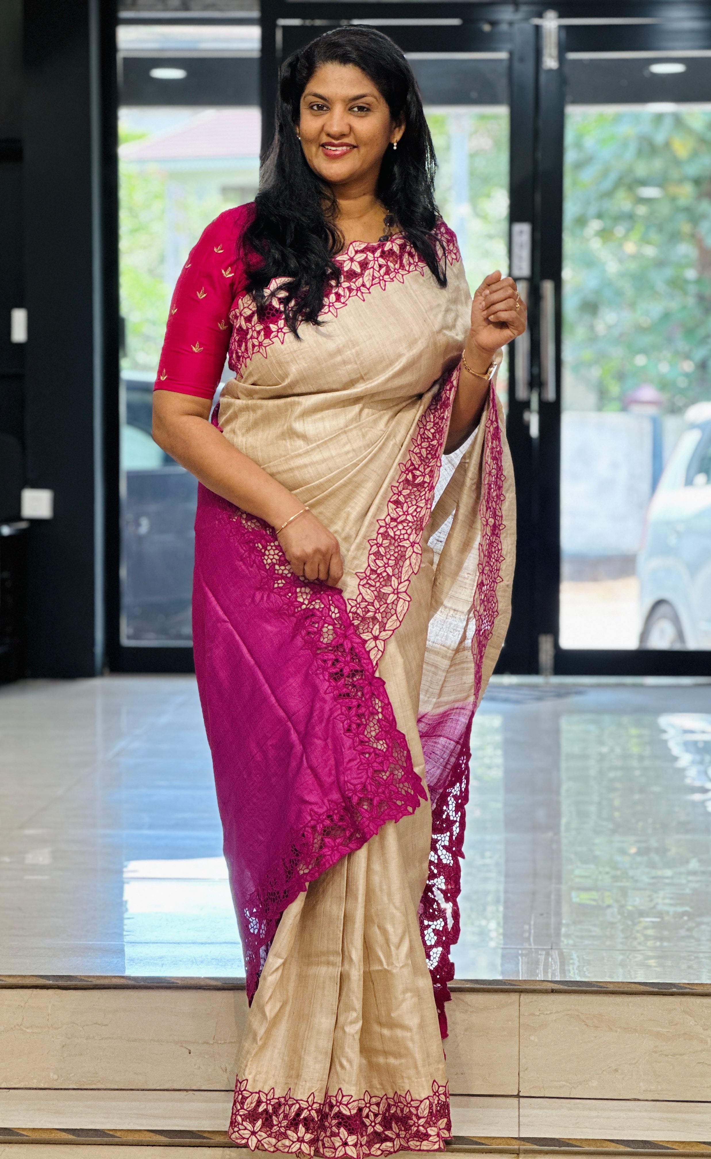 Beige & Magenta Color Twine Cutwork Desi Tussar Saree | TC272