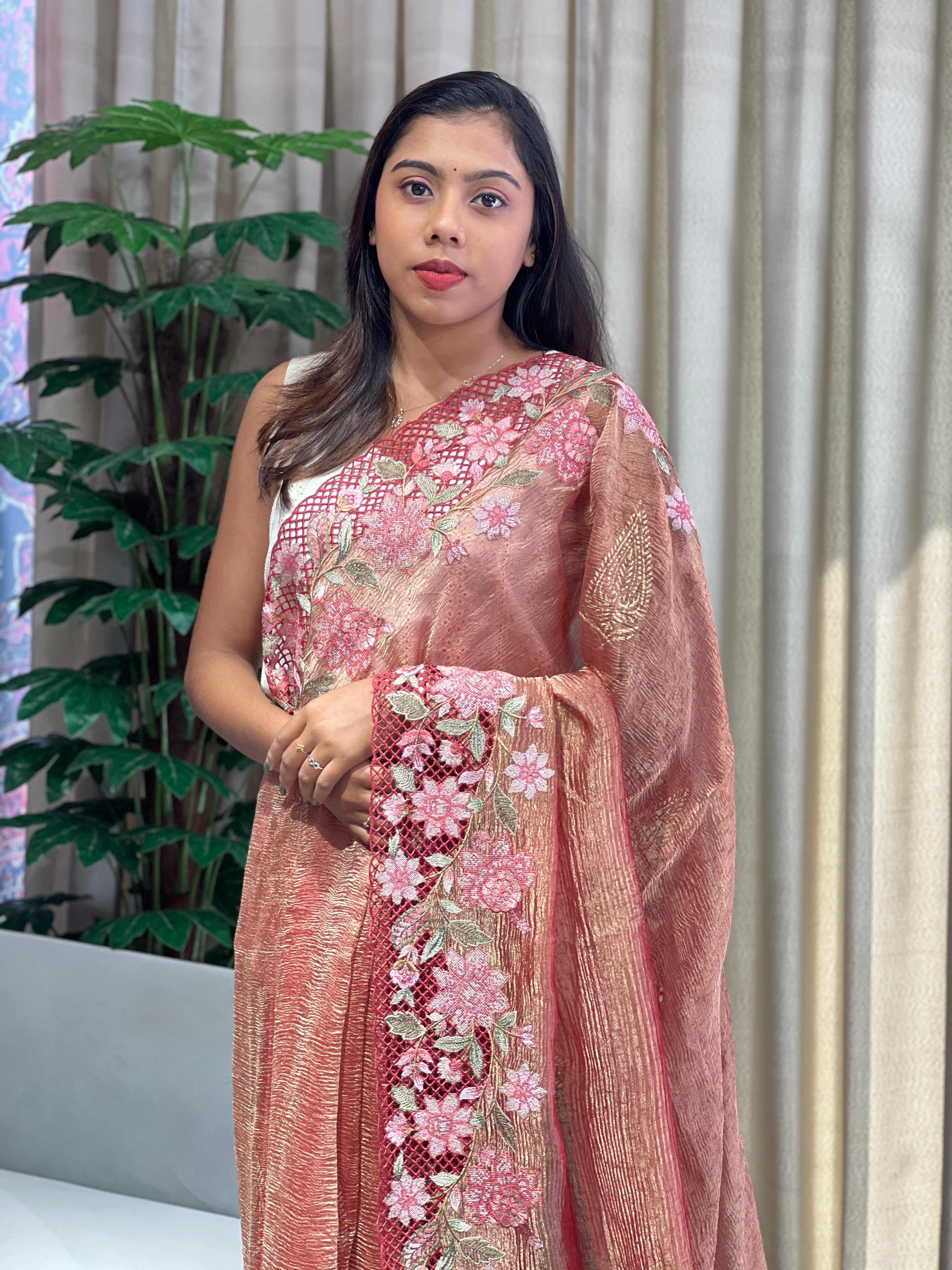 Floral Cutwork Embroidery Crushed Tissue Organza Saree | RGD1005R