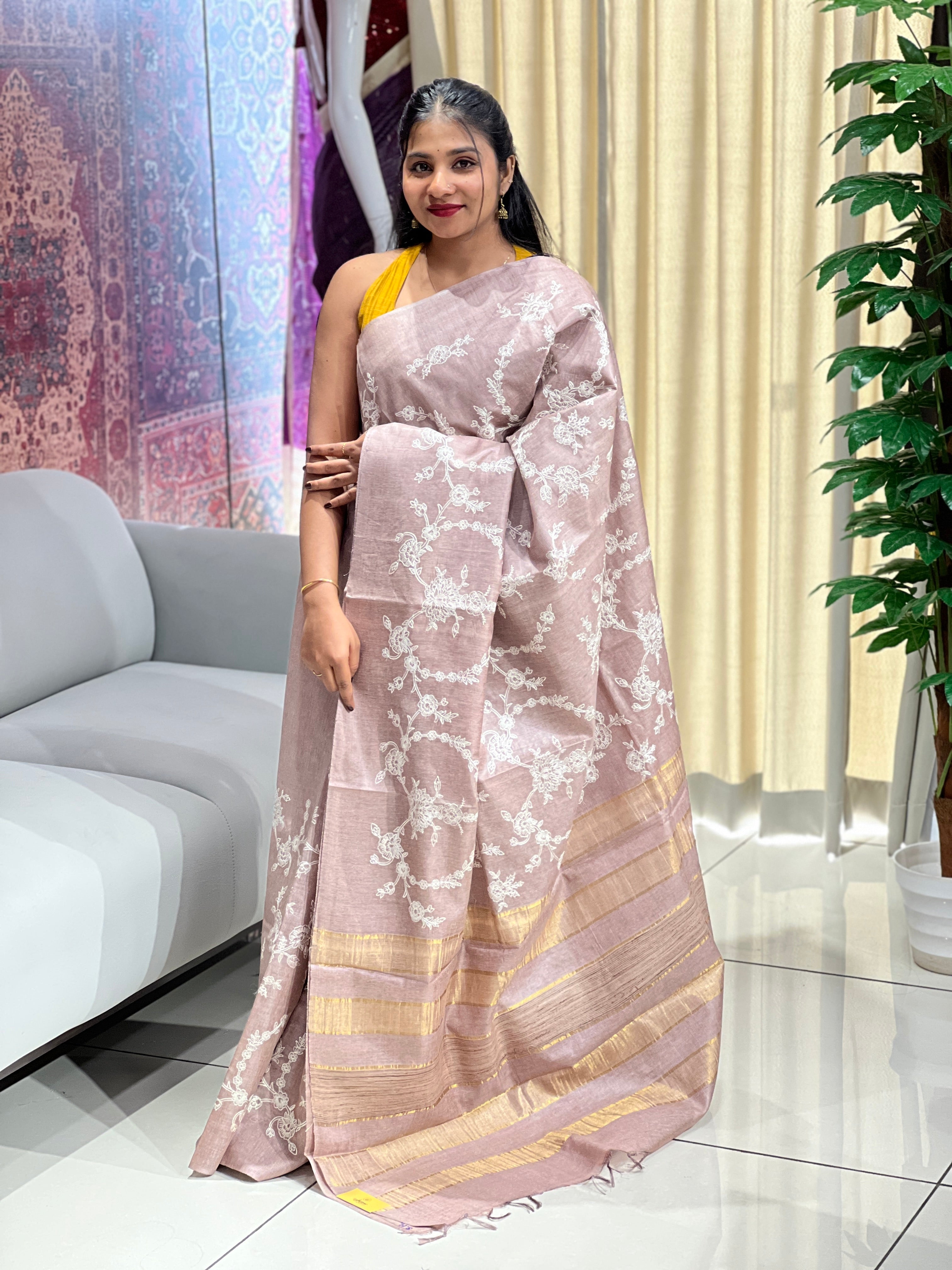 Lucknowi Inspired Jaal Embroidery detailed Noil Tussar Saree | HS1295