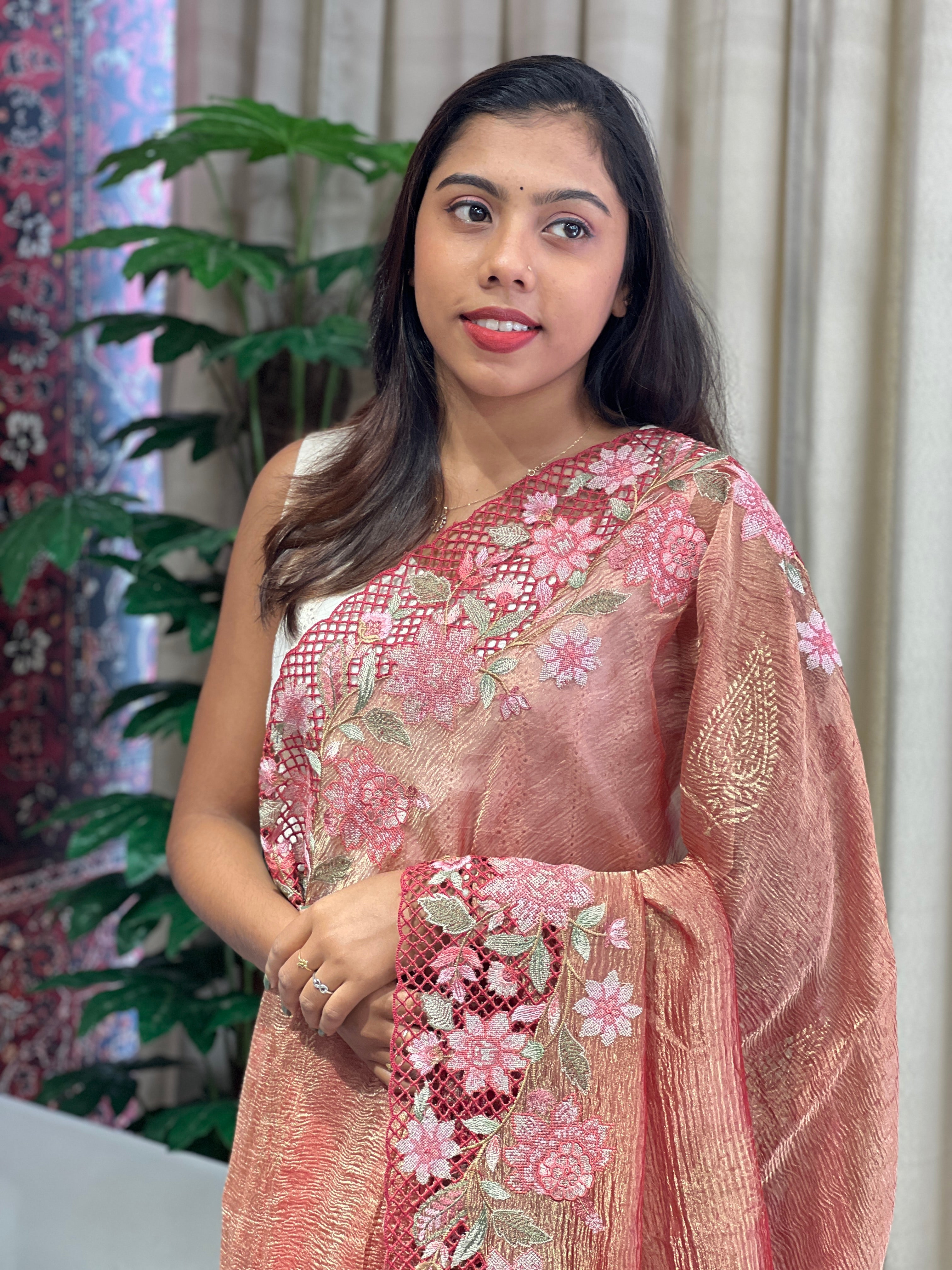 Floral Cutwork Embroidery Crushed Tissue Organza Saree | RGD1005R