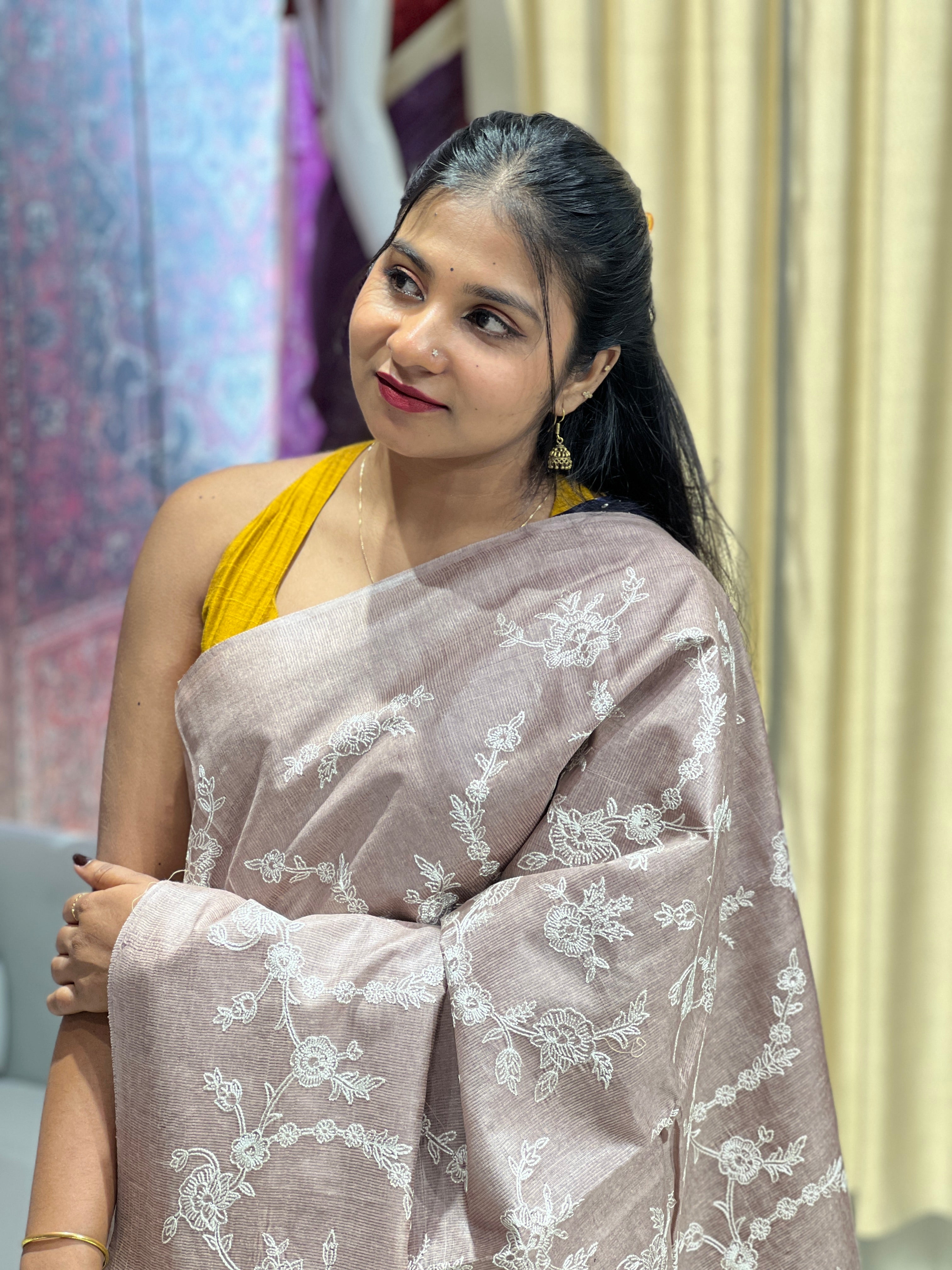 Lucknowi Inspired Jaal Embroidery detailed Noil Tussar Saree | HS1295