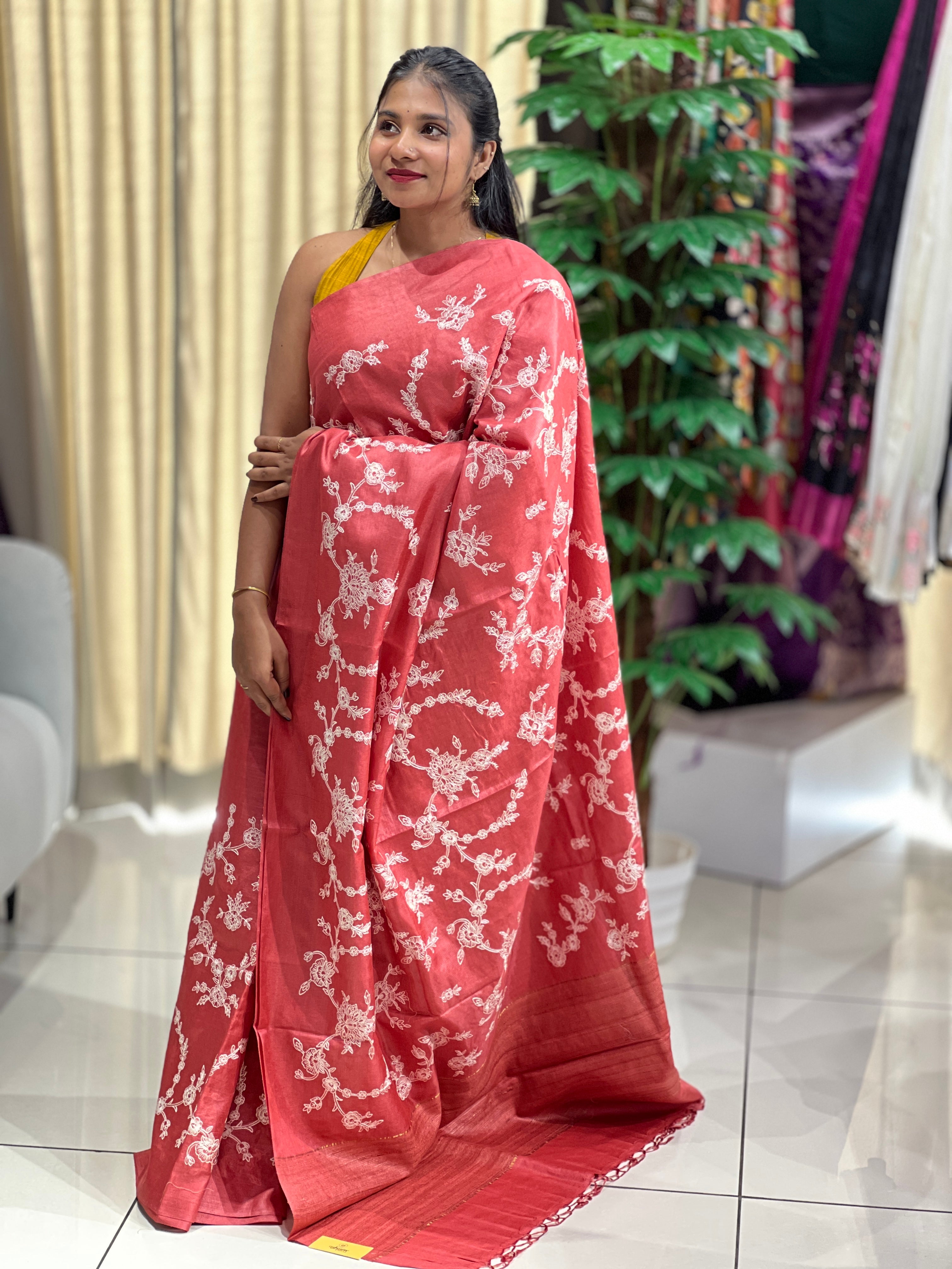 Lucknowi Inspired Jaal Embroidery detailed Noil Tussar Saree | HS1294