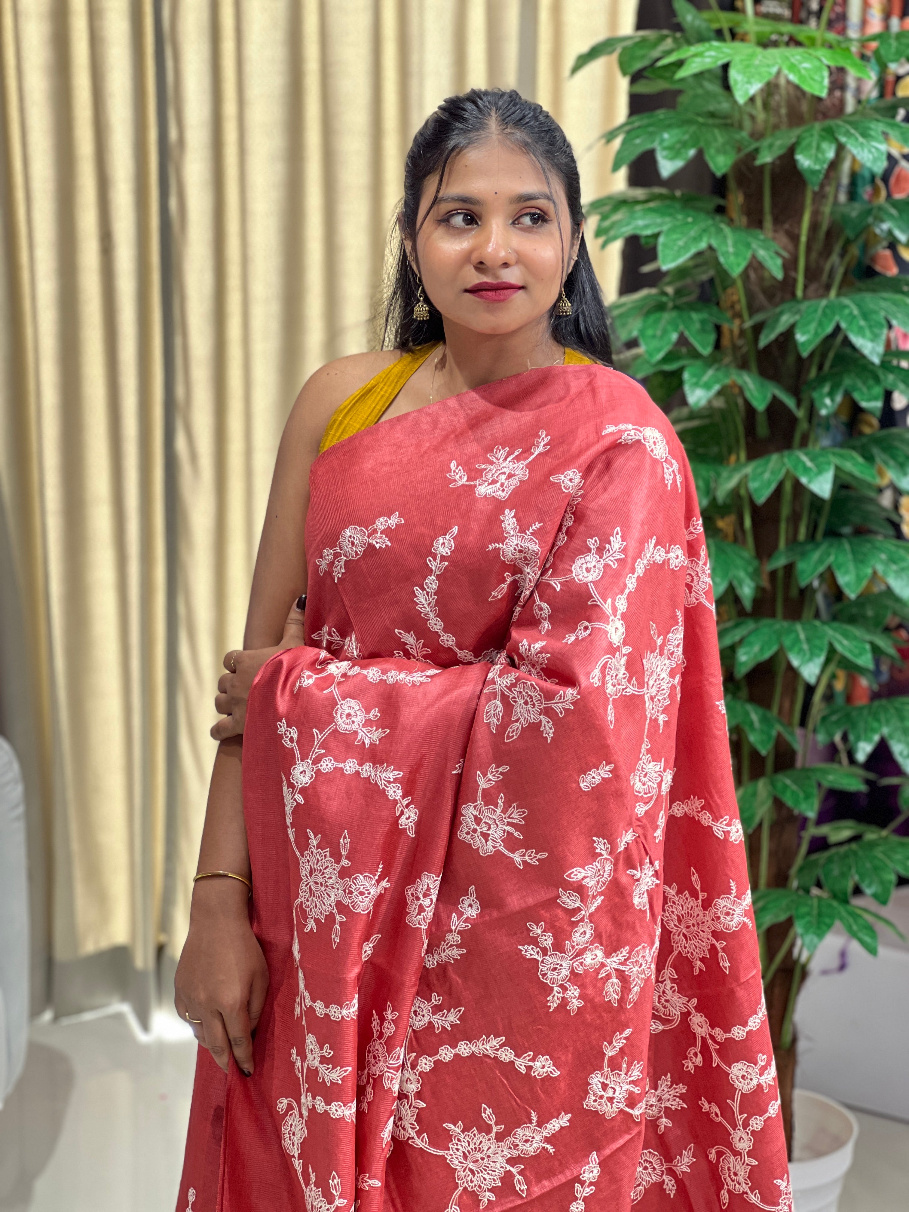 Lucknowi Inspired Jaal Embroidery detailed Noil Tussar Saree | HS1294