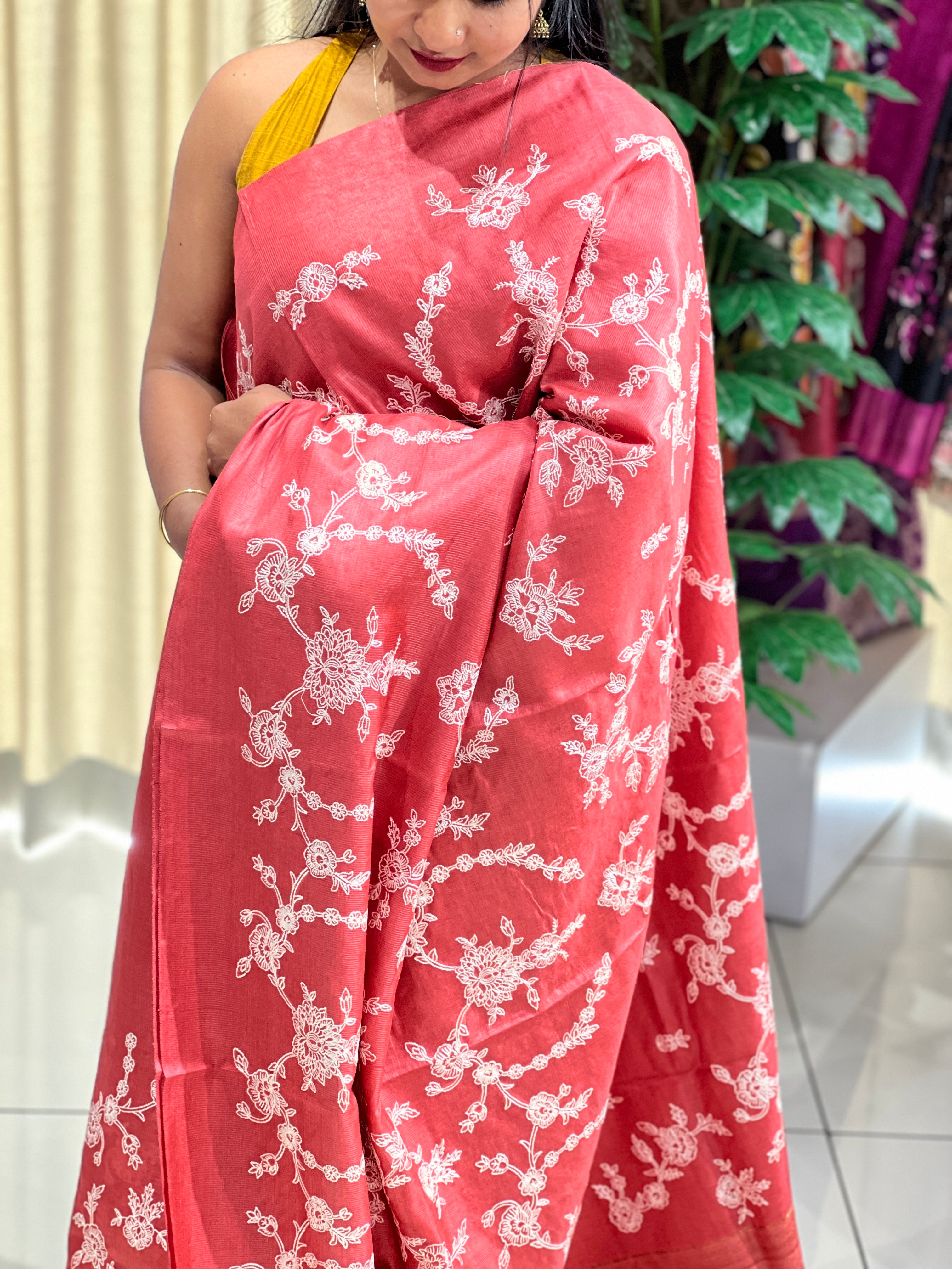 Lucknowi Inspired Jaal Embroidery detailed Noil Tussar Saree | HS1294