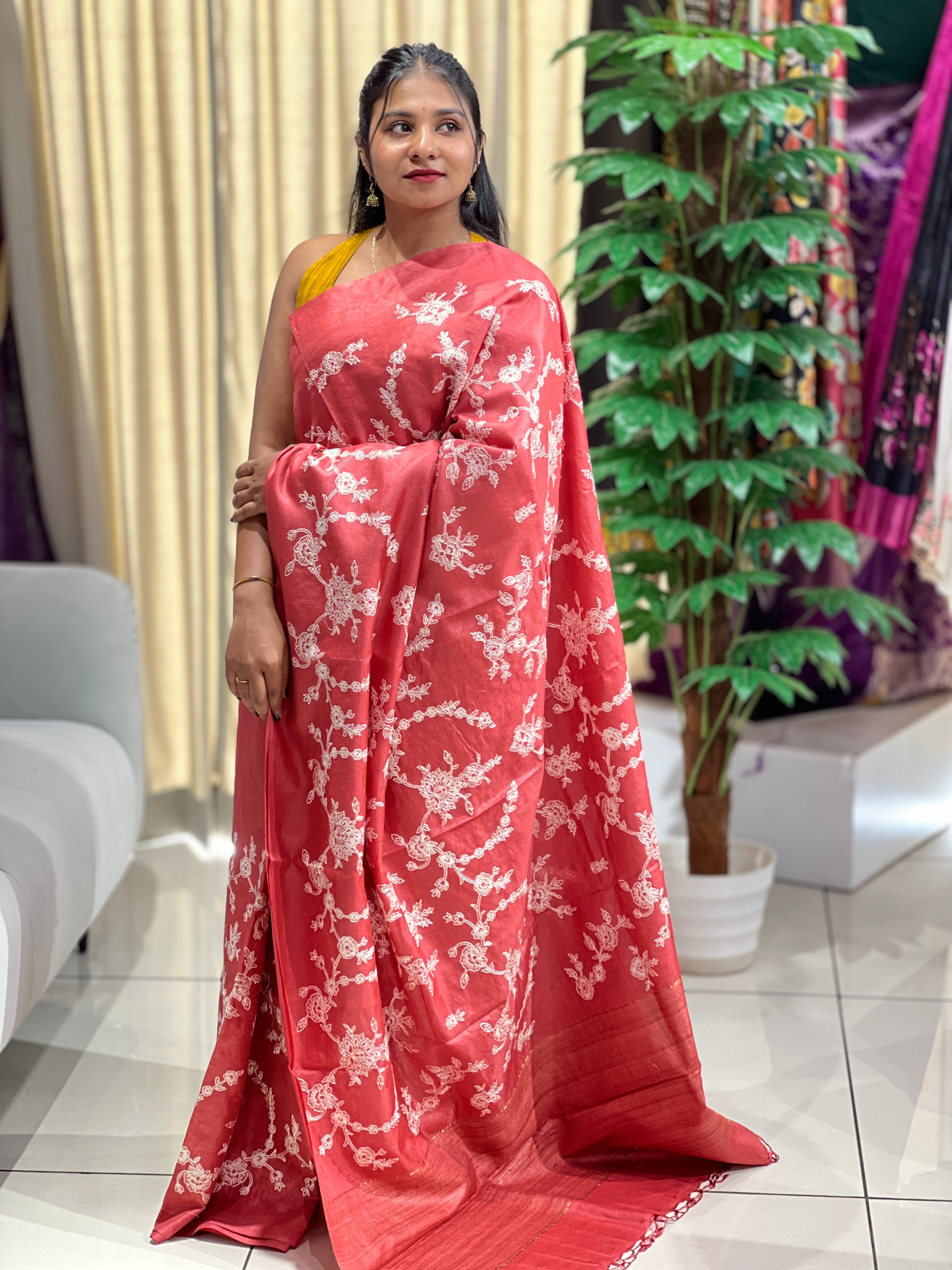 Lucknowi Inspired Jaal Embroidery detailed Noil Tussar Saree | HS1294