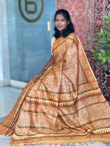 Block Printed Pattern Tussar Saree | MNH393