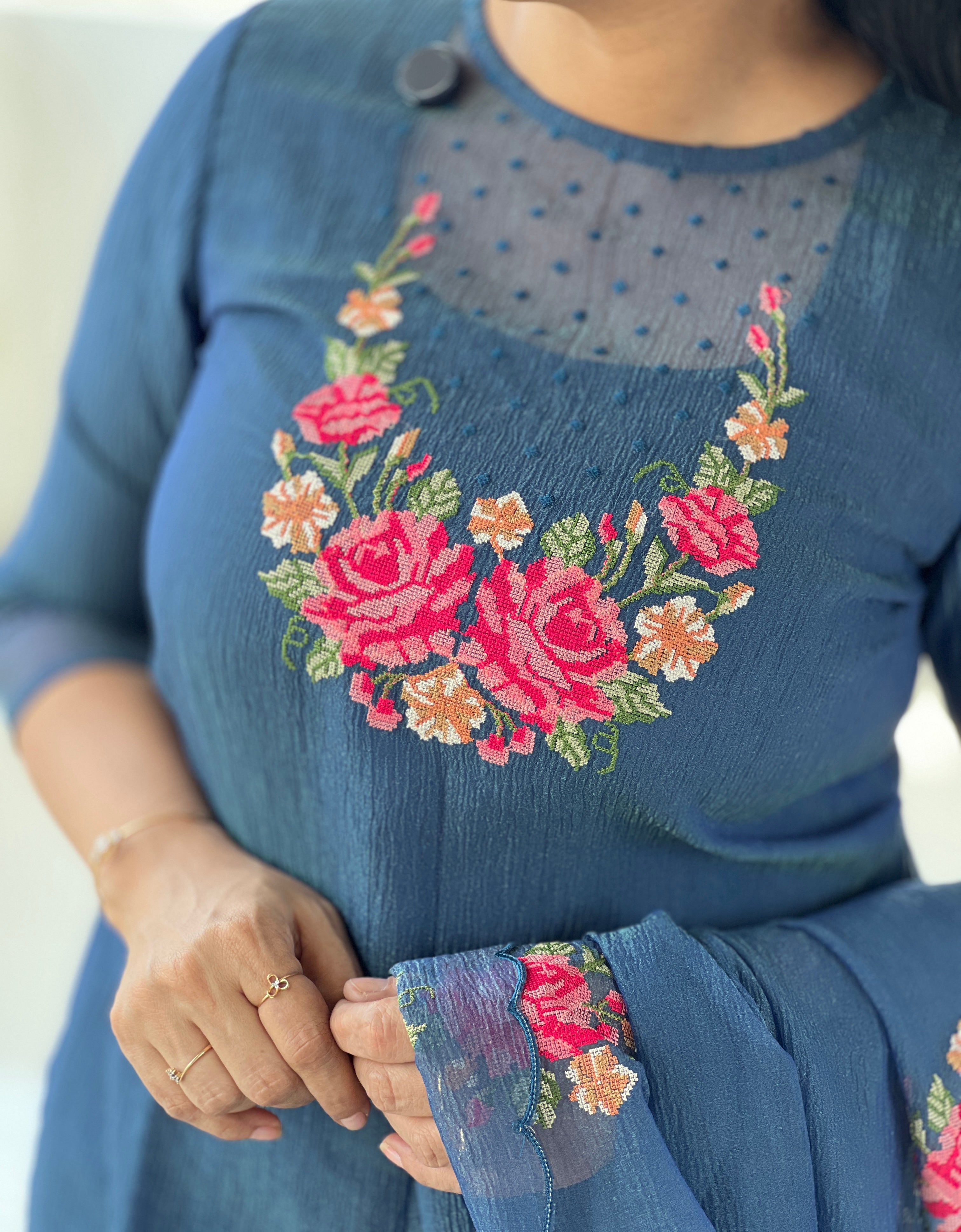 Cross Stitch Embroidery Patterned Salwar Set ( Unstitched ) | SUN409