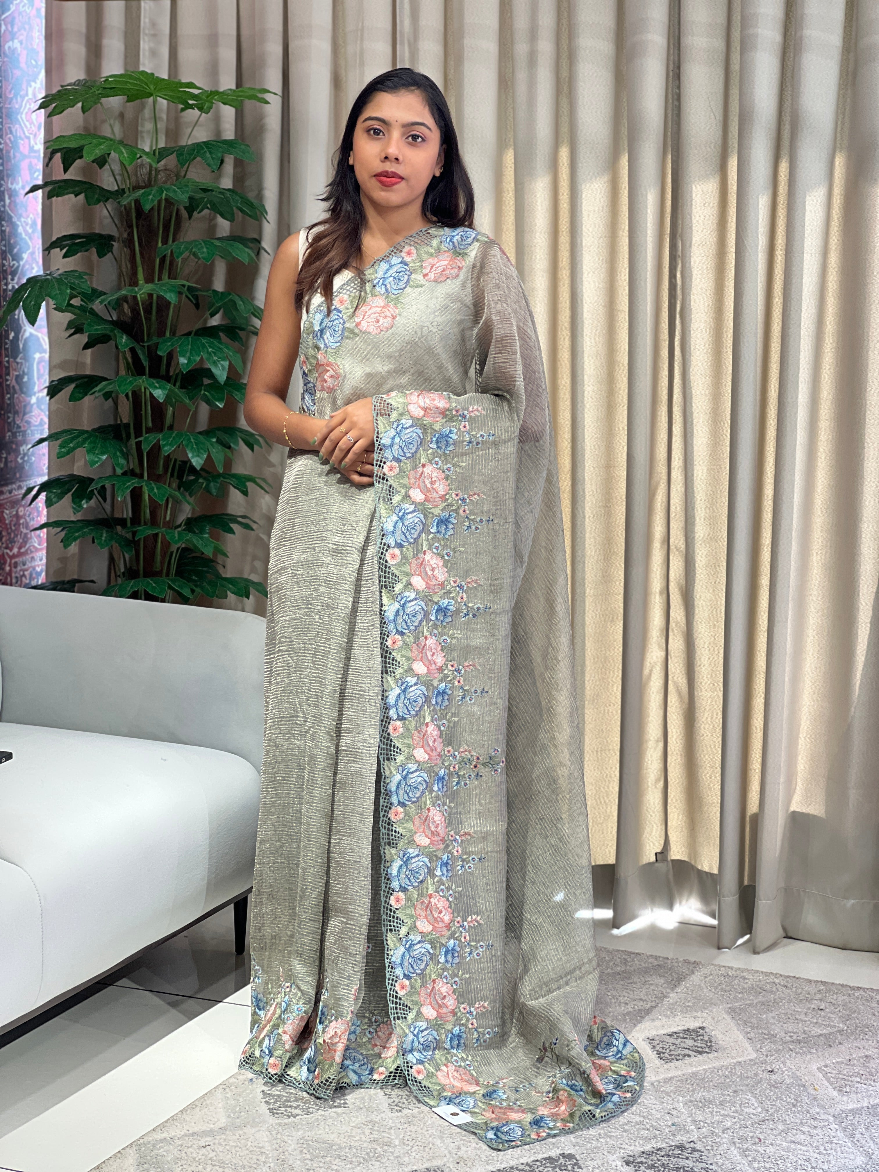 Floral Machine Embroidery Detailed Crushed Shimmer Organza Saree | RGD979R