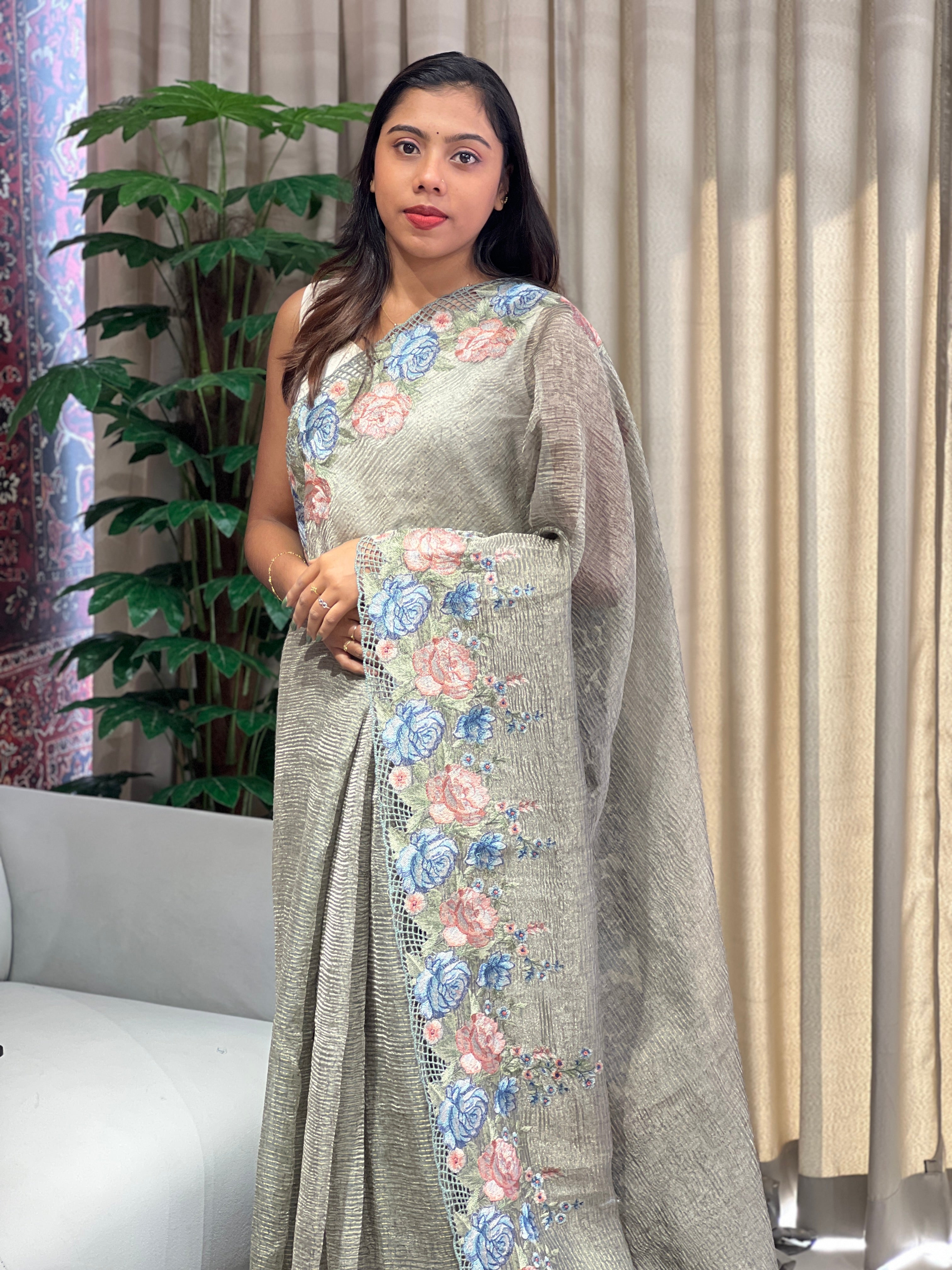 Floral Machine Embroidery Detailed Crushed Shimmer Organza Saree | RGD979R