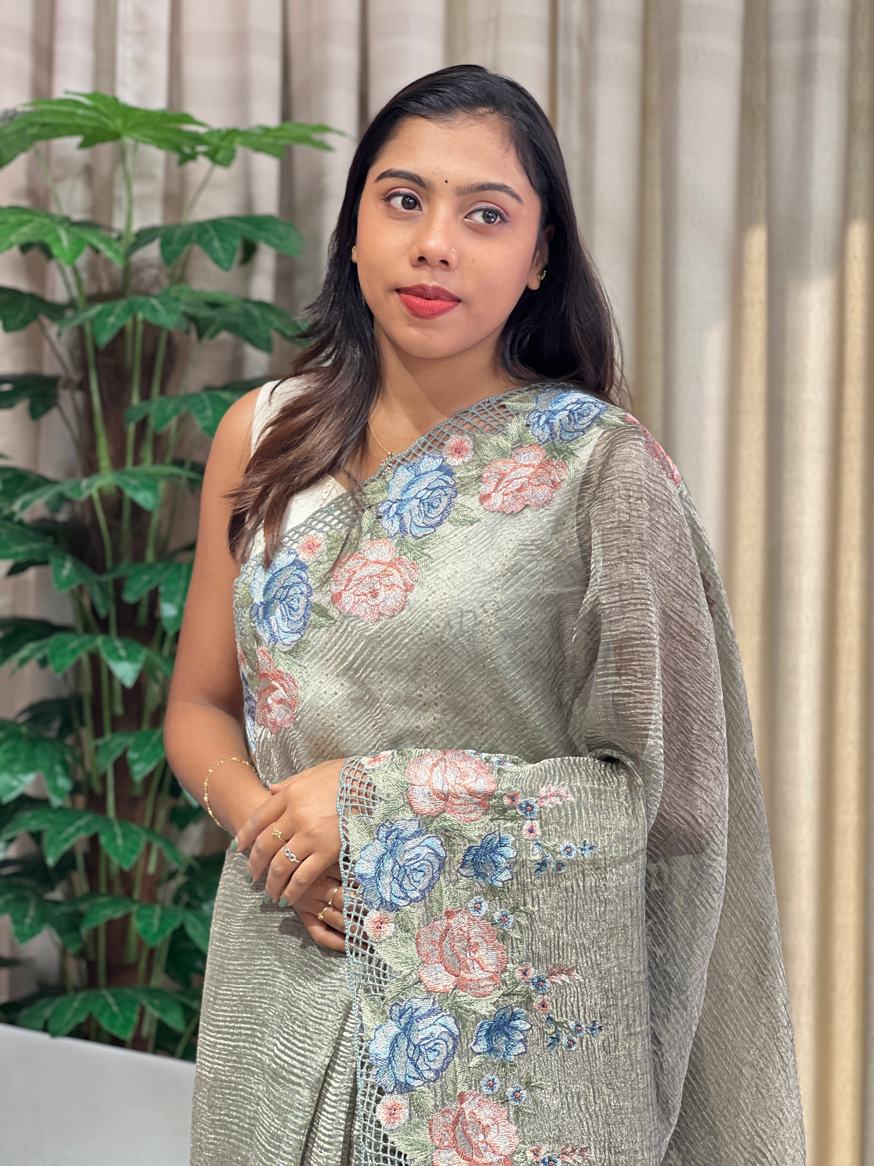 Floral Machine Embroidery Detailed Crushed Shimmer Organza Saree | RGD979R