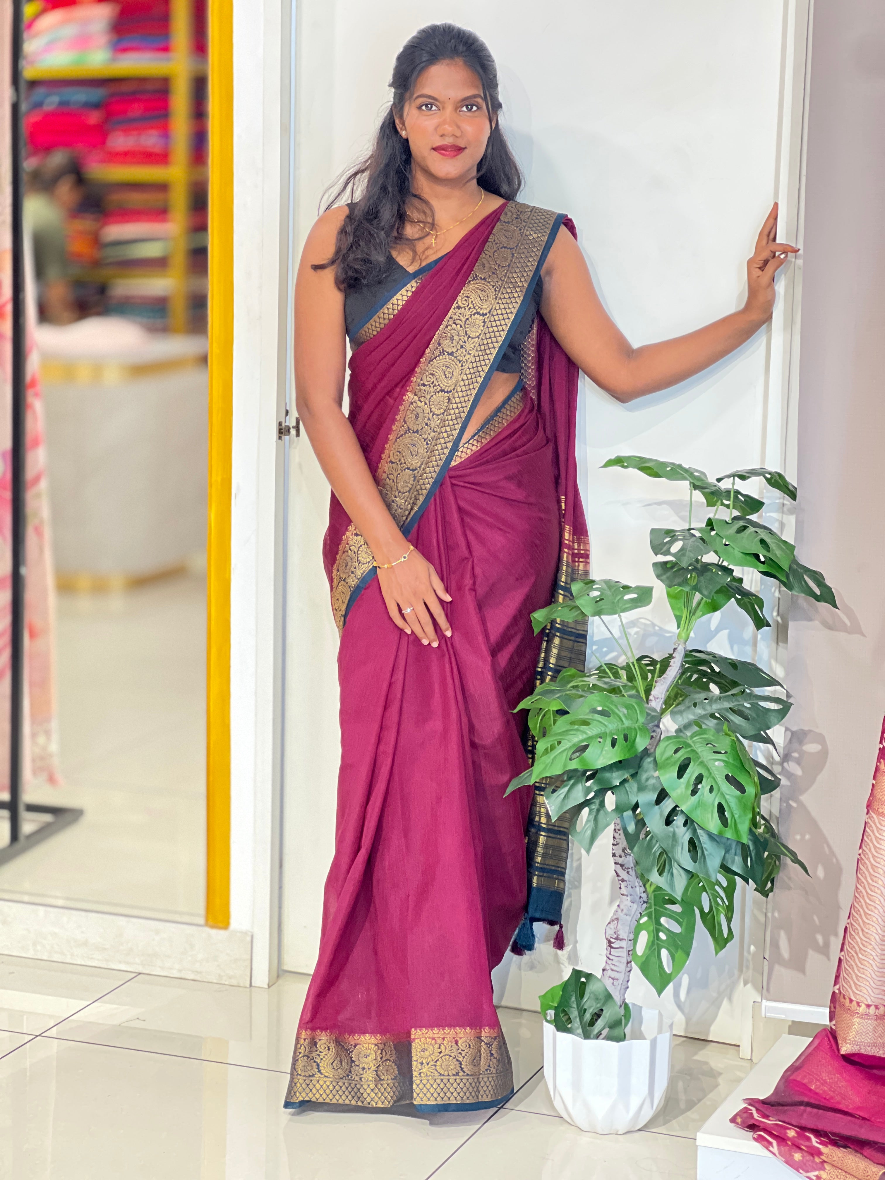 Golden Zari Weaved Border Pattern Cotton Silk Saree | ZSS344
