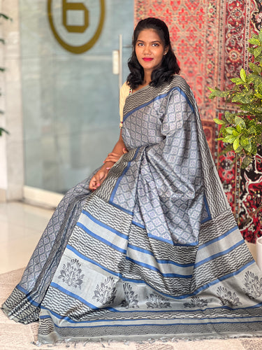Block Printed Pattern Tussar Saree | MNH392