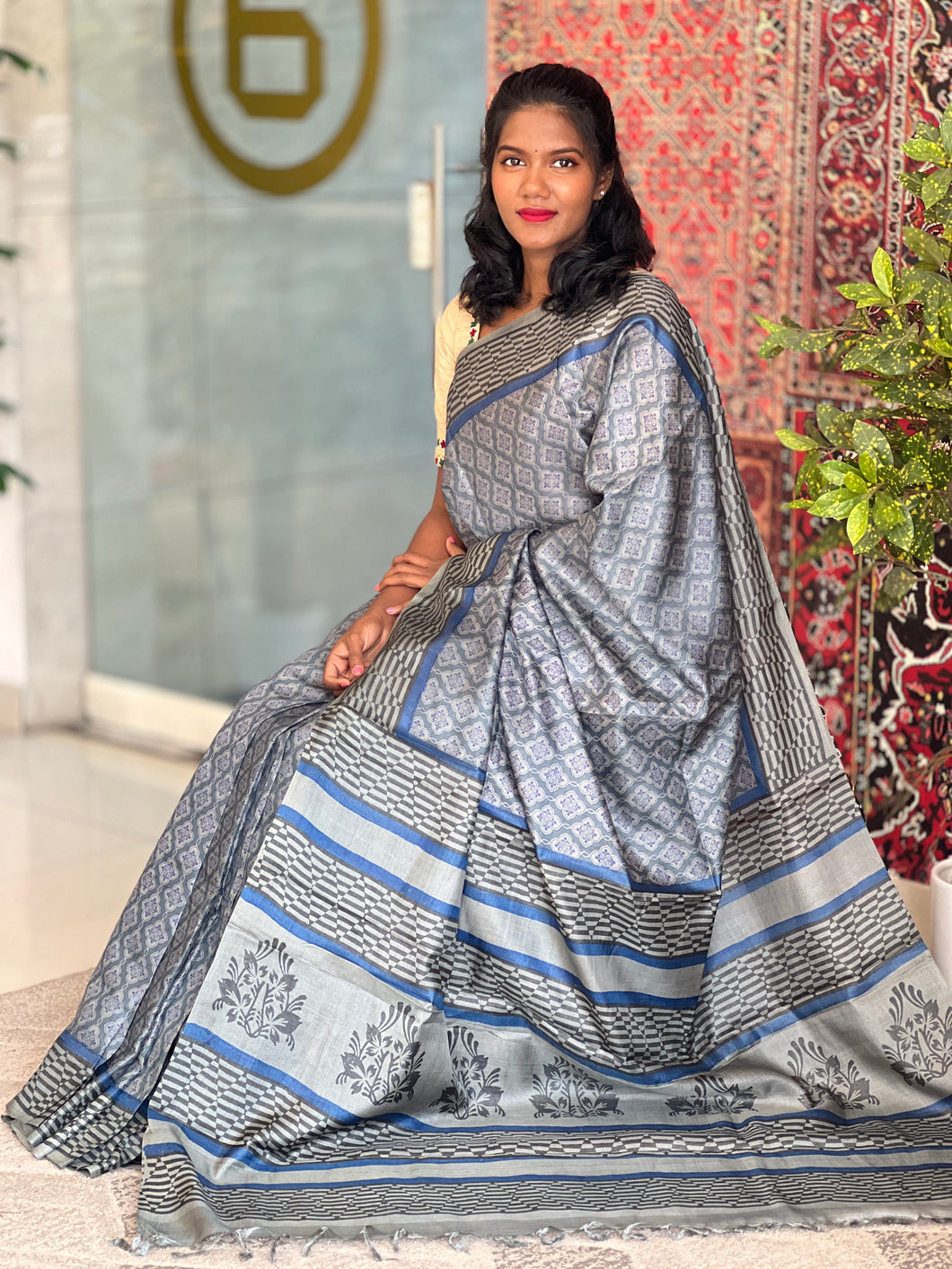 Block Printed Pattern Tussar Saree | MNH392