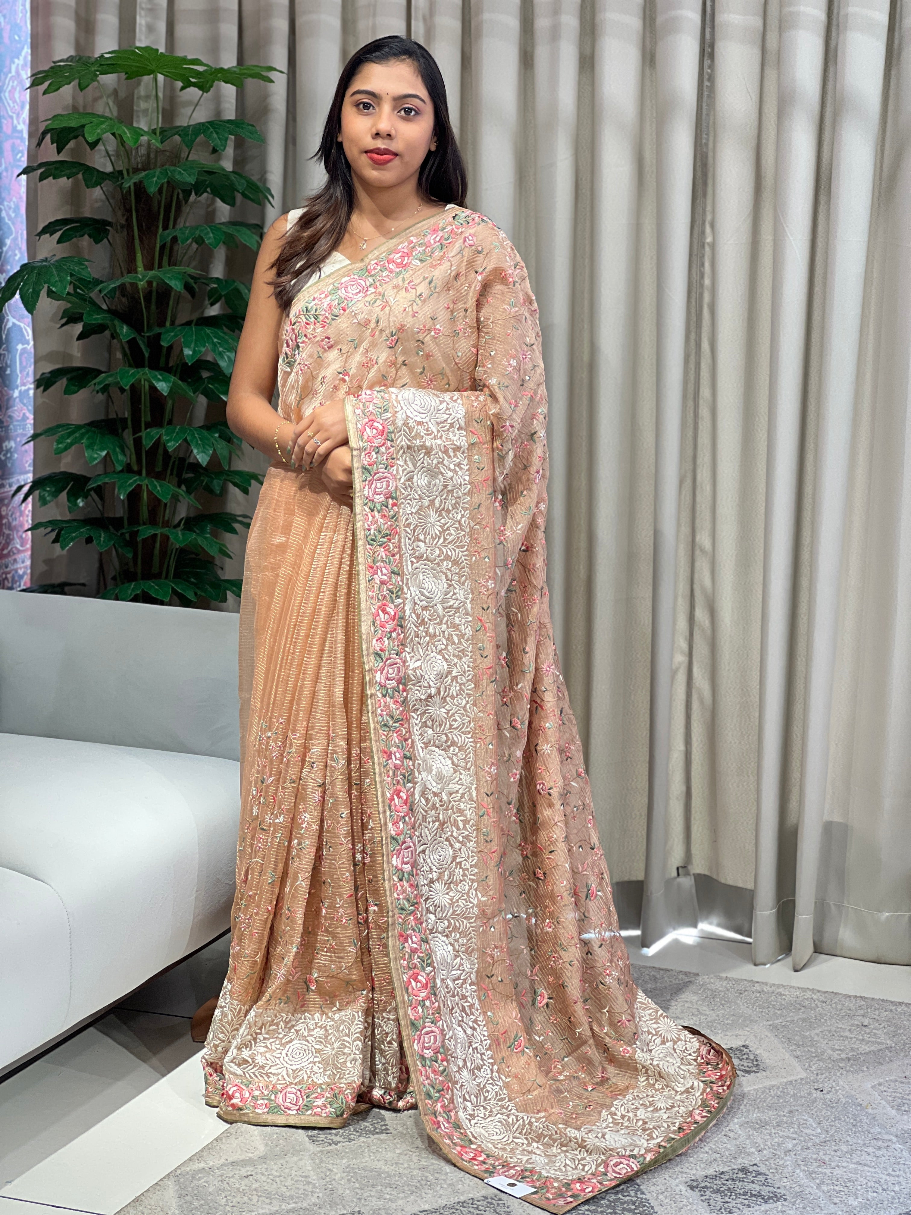 Floral Jaal Embroidery Detailed Crushed Tissue Organza Saree | RGD989R