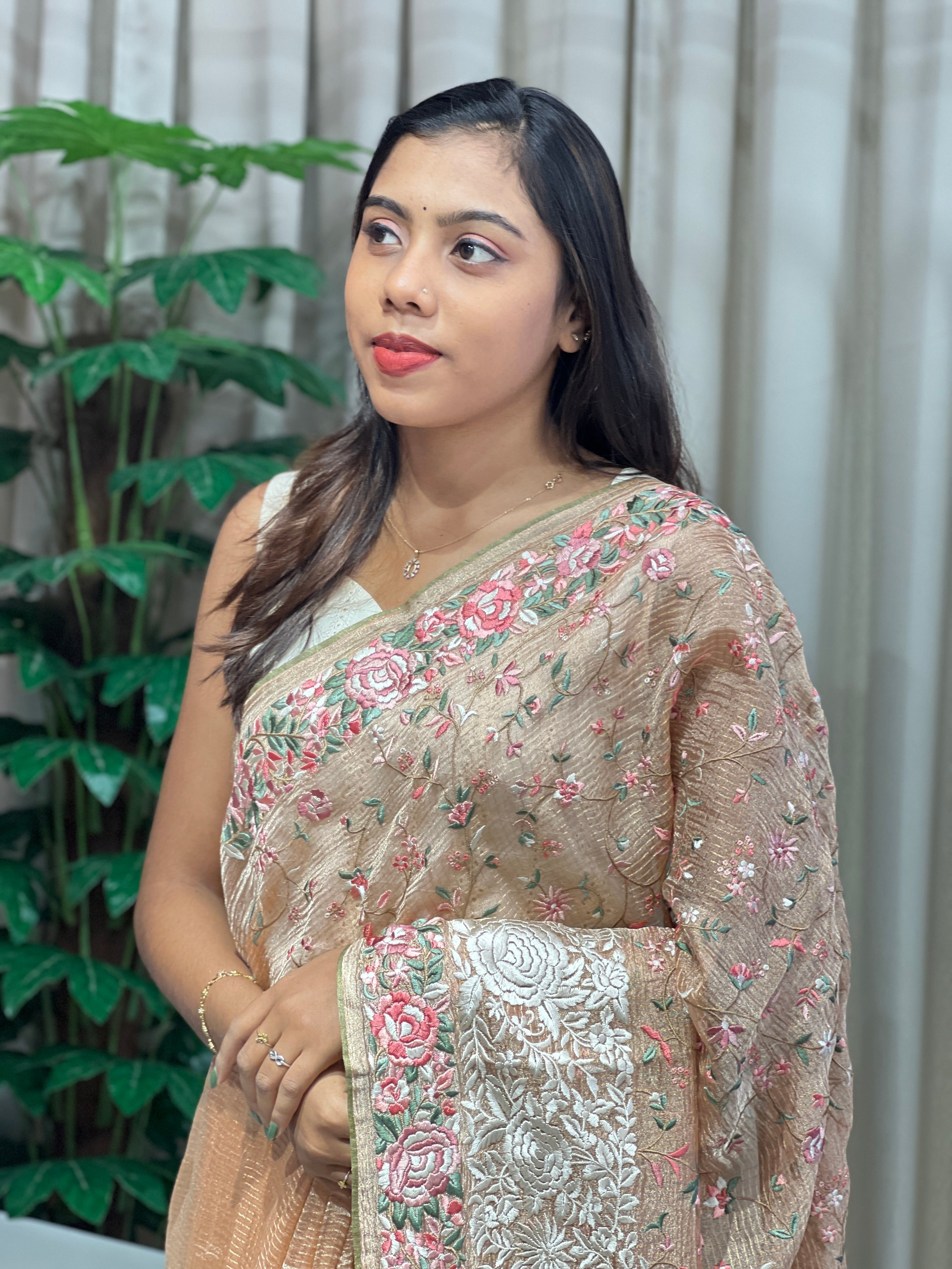 Floral Jaal Embroidery Detailed Crushed Tissue Organza Saree | RGD989R