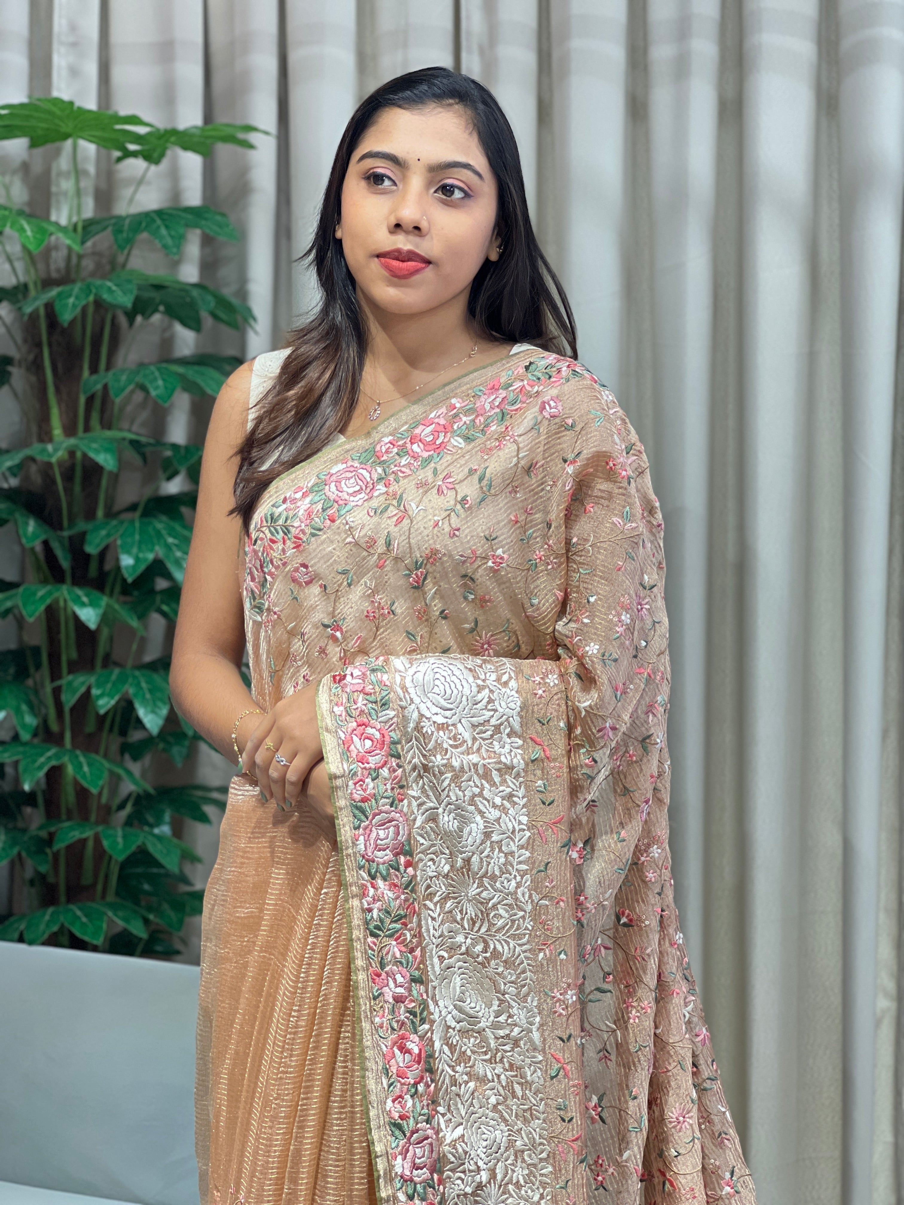 Floral Jaal Embroidery Detailed Crushed Tissue Organza Saree | RGD989R