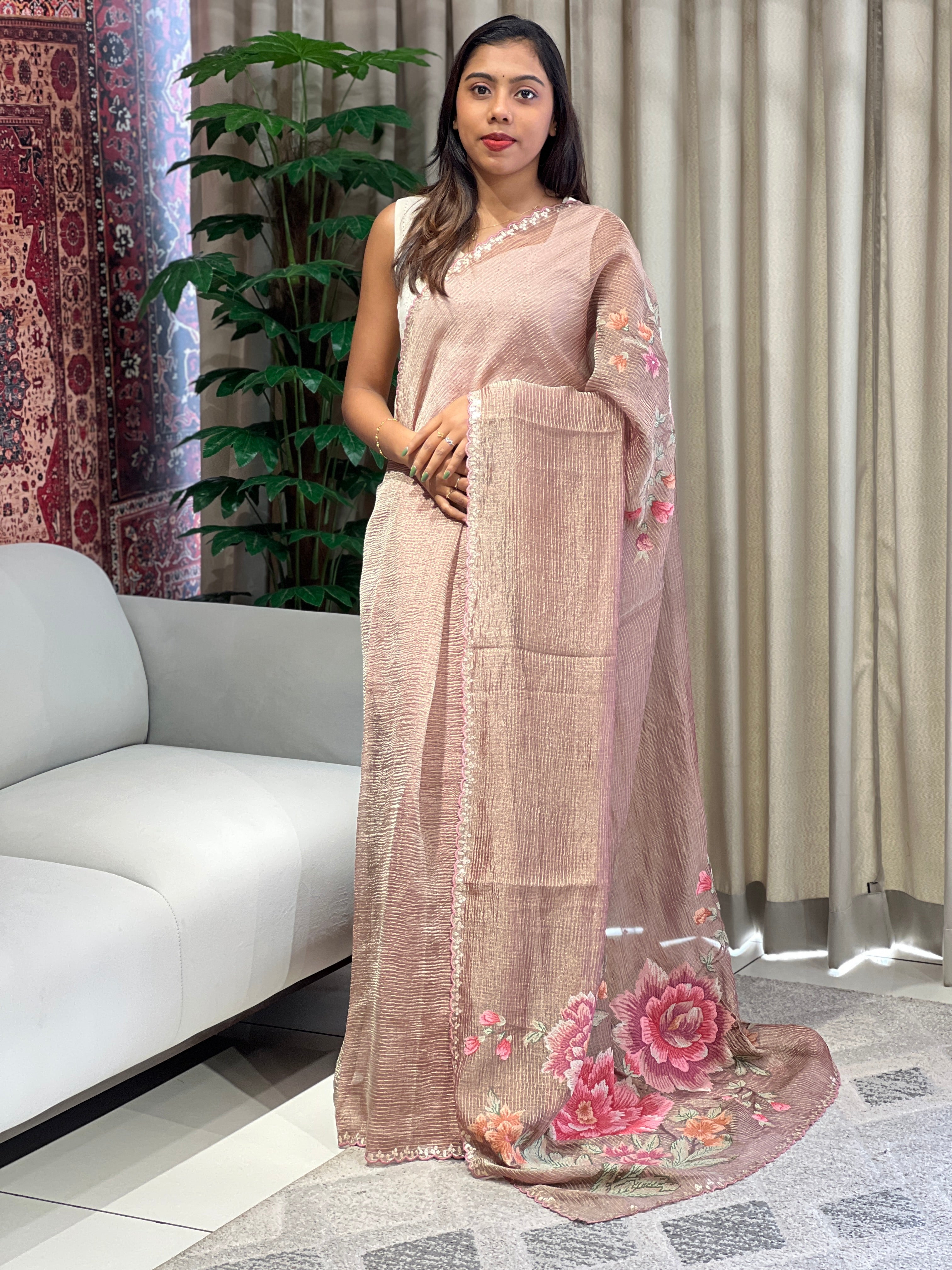 Floral Cross Stitch Embroidery Crushed Organza Saree | RGD977R