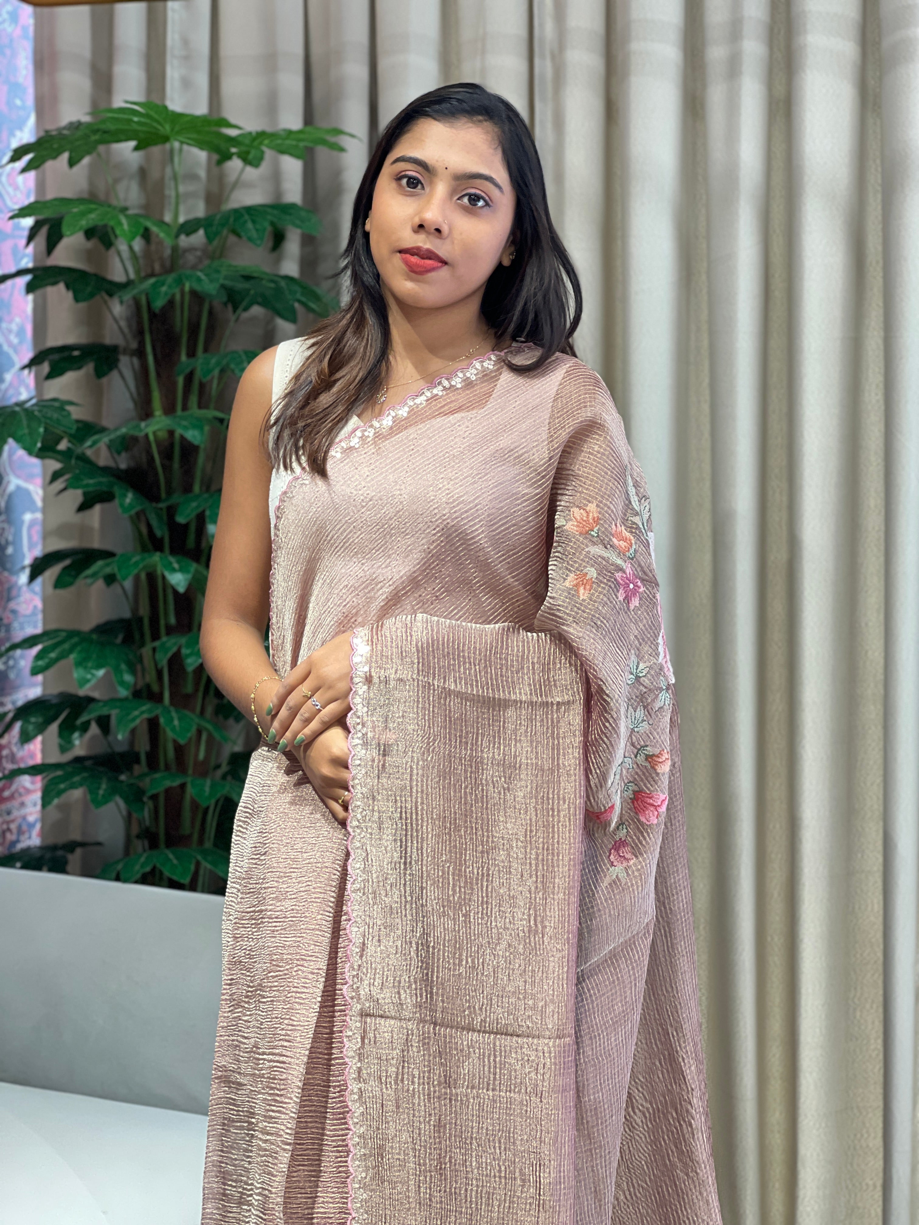 Floral Cross Stitch Embroidery Crushed Organza Saree | RGD977R