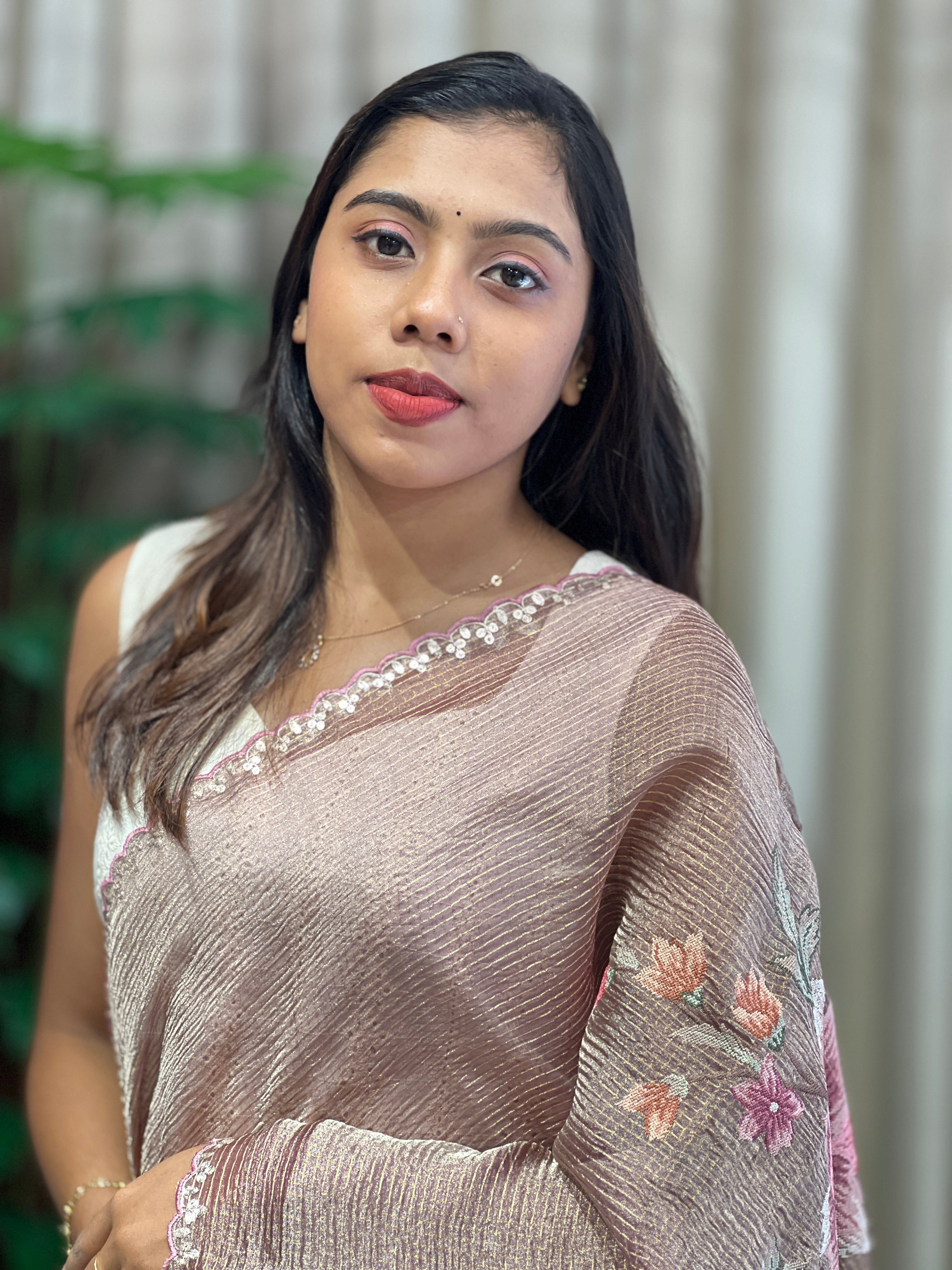 Floral Cross Stitch Embroidery Crushed Organza Saree | RGD977R