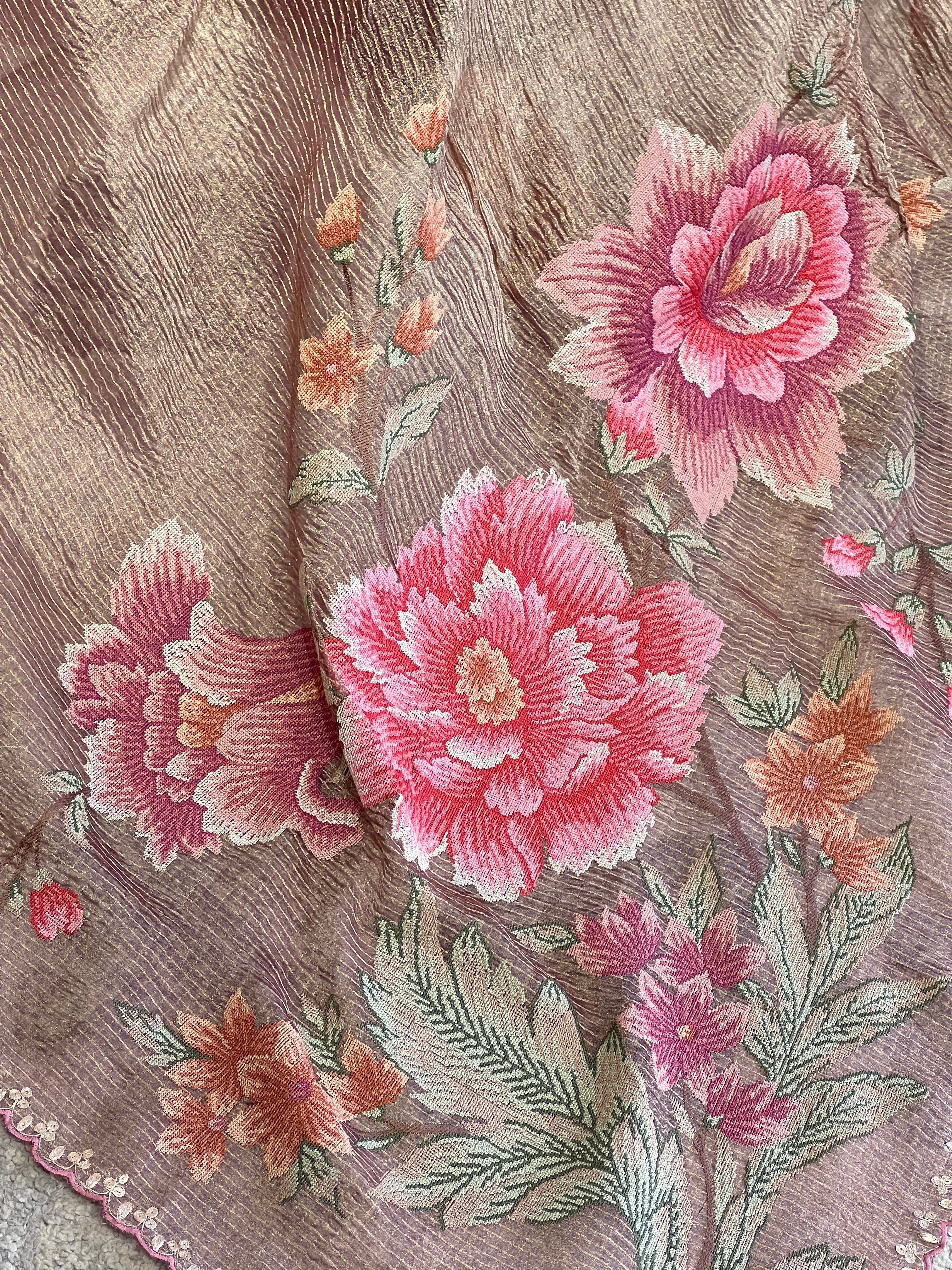 Floral Cross Stitch Embroidery Crushed Organza Saree | RGD977R