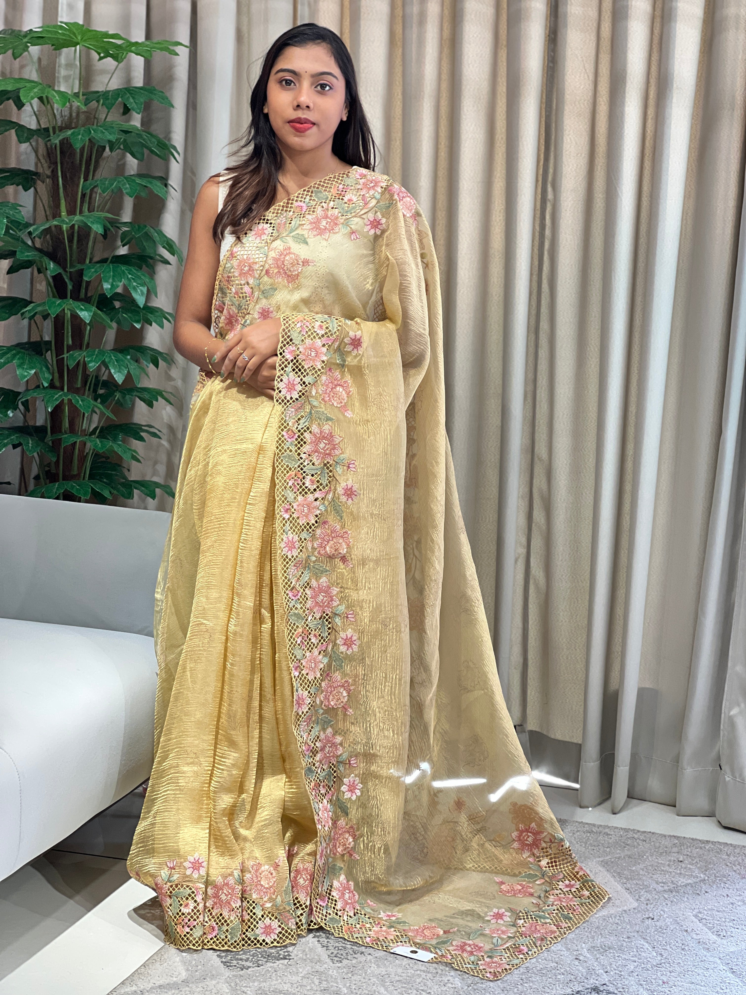 Floral Cutwork Embroidery Crushed Tissue Organza Saree | RGD1004R