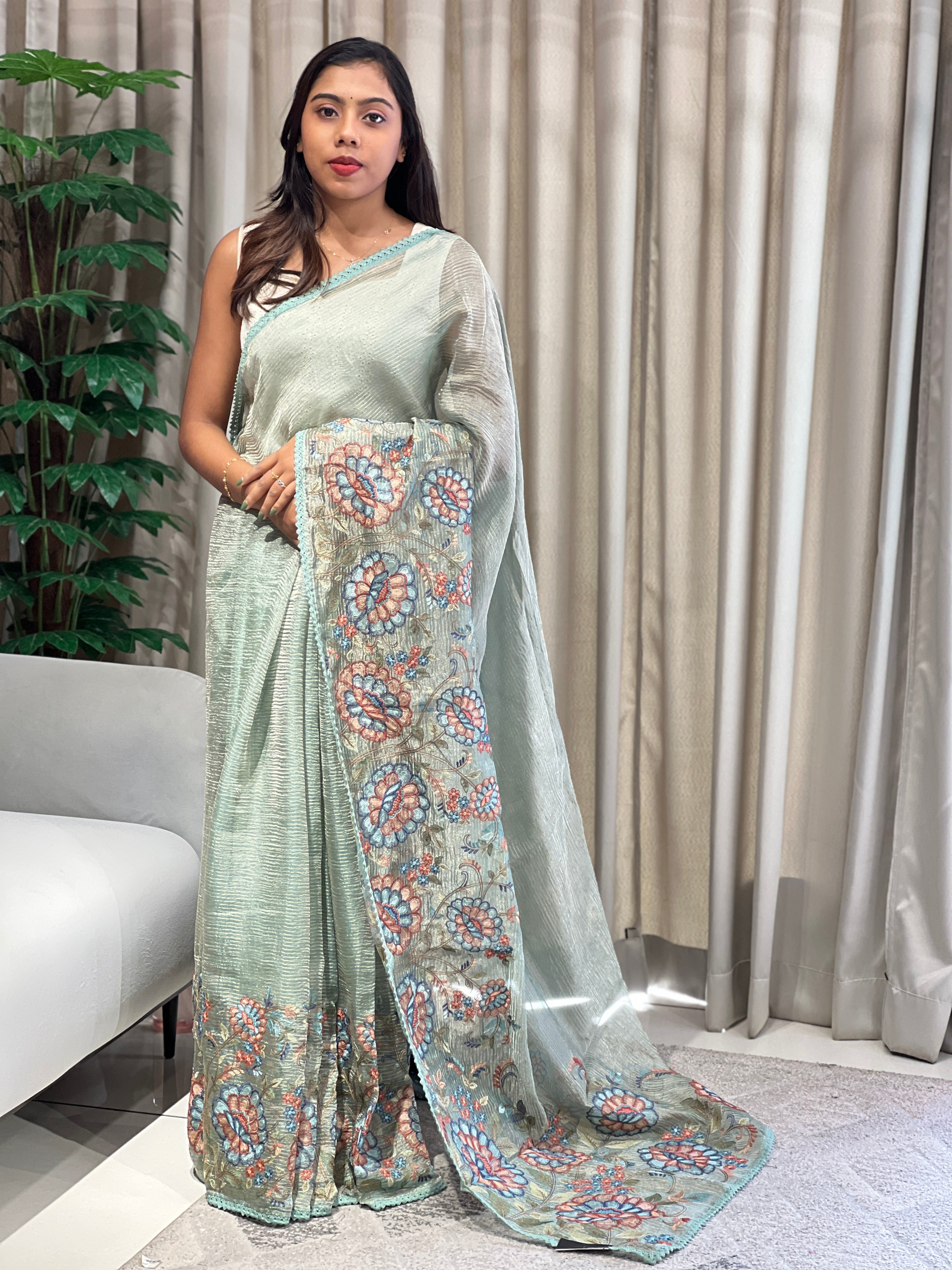 Floral Multi Color Embroidery Detailed Crushed Shimmer Organza Saree | RGD988R