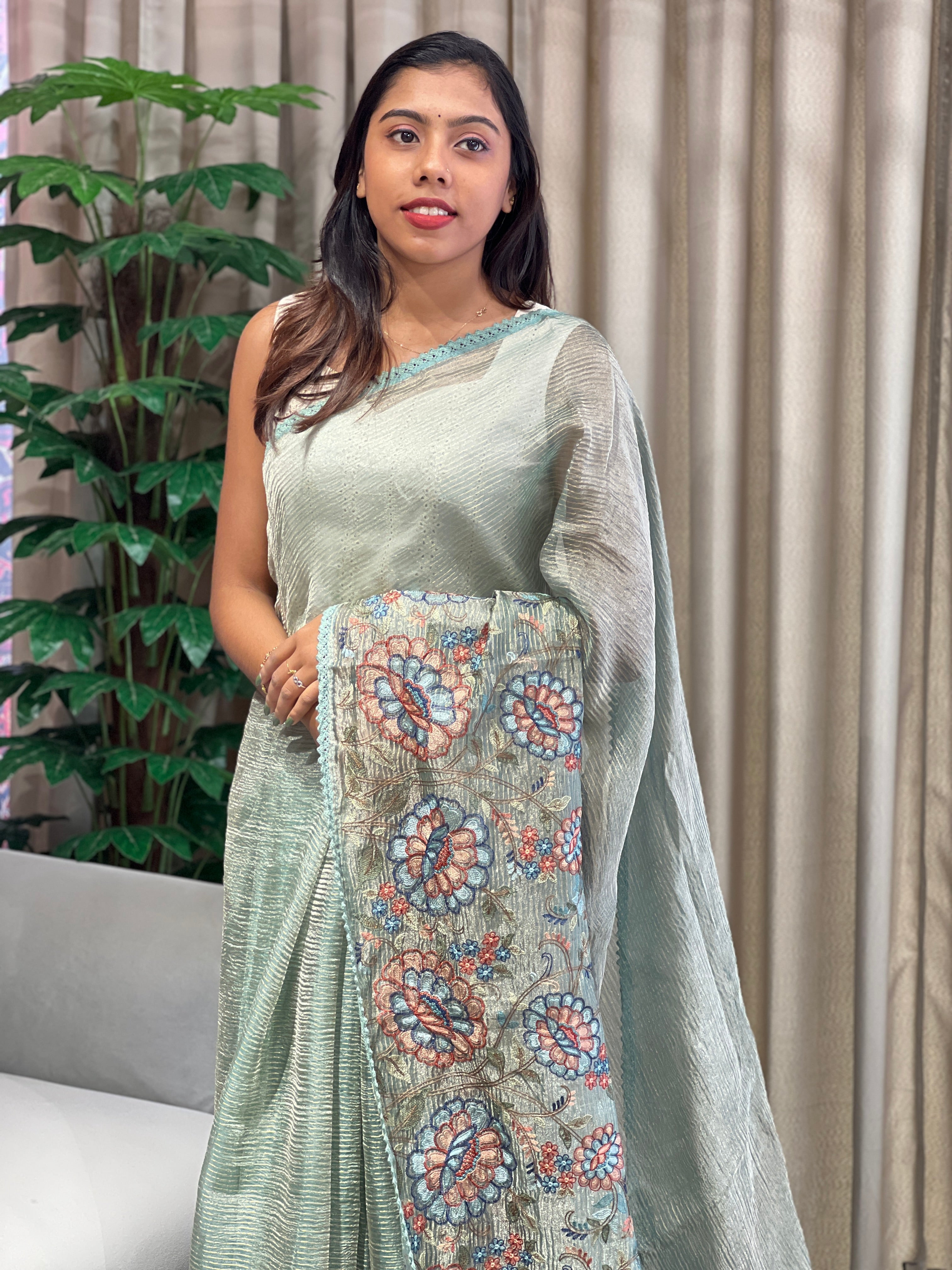 Floral Multi Color Embroidery Detailed Crushed Shimmer Organza Saree | RGD988R