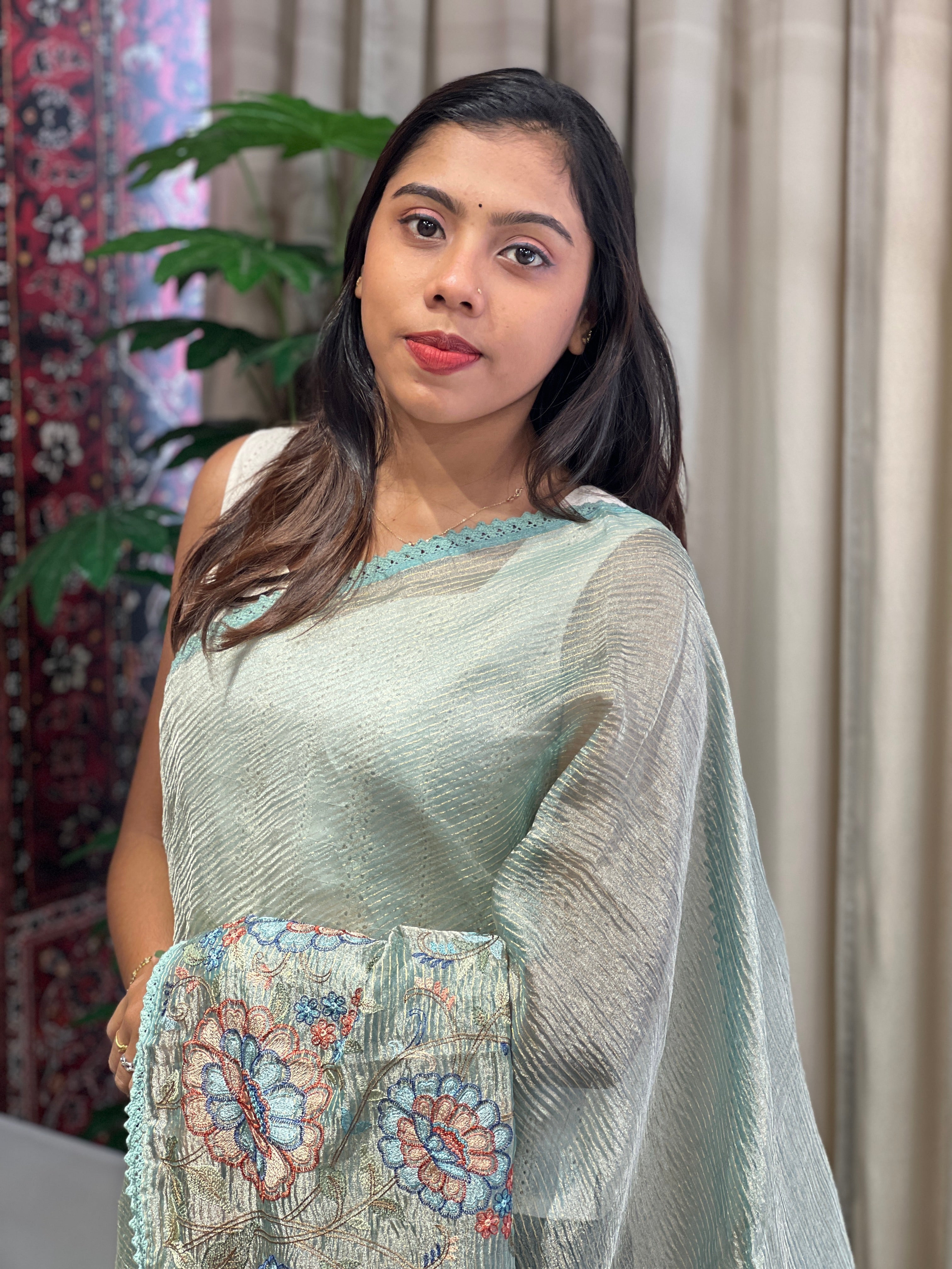 Floral Multi Color Embroidery Detailed Crushed Shimmer Organza Saree | RGD988R