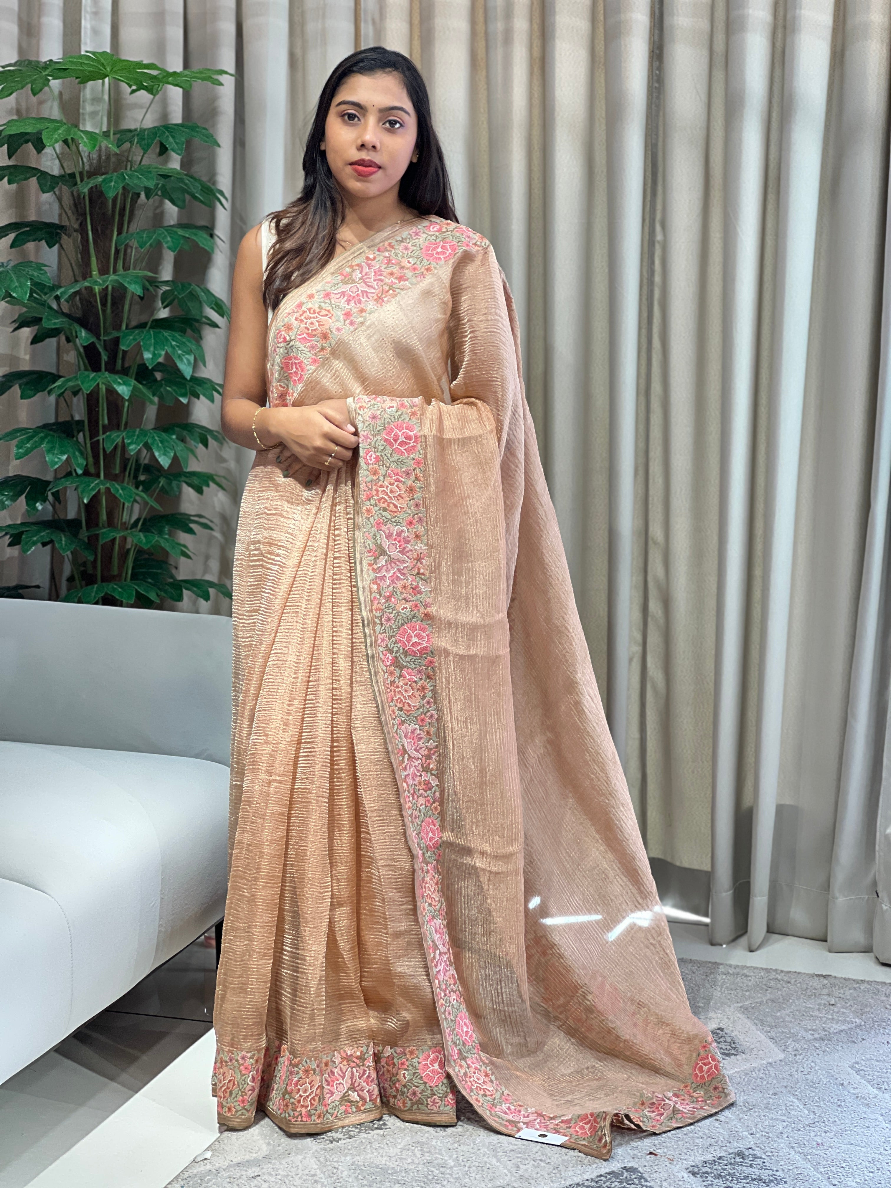 Floral Cross Stitch Embroidery Crushed Shimmer Organza Saree | RGD987R