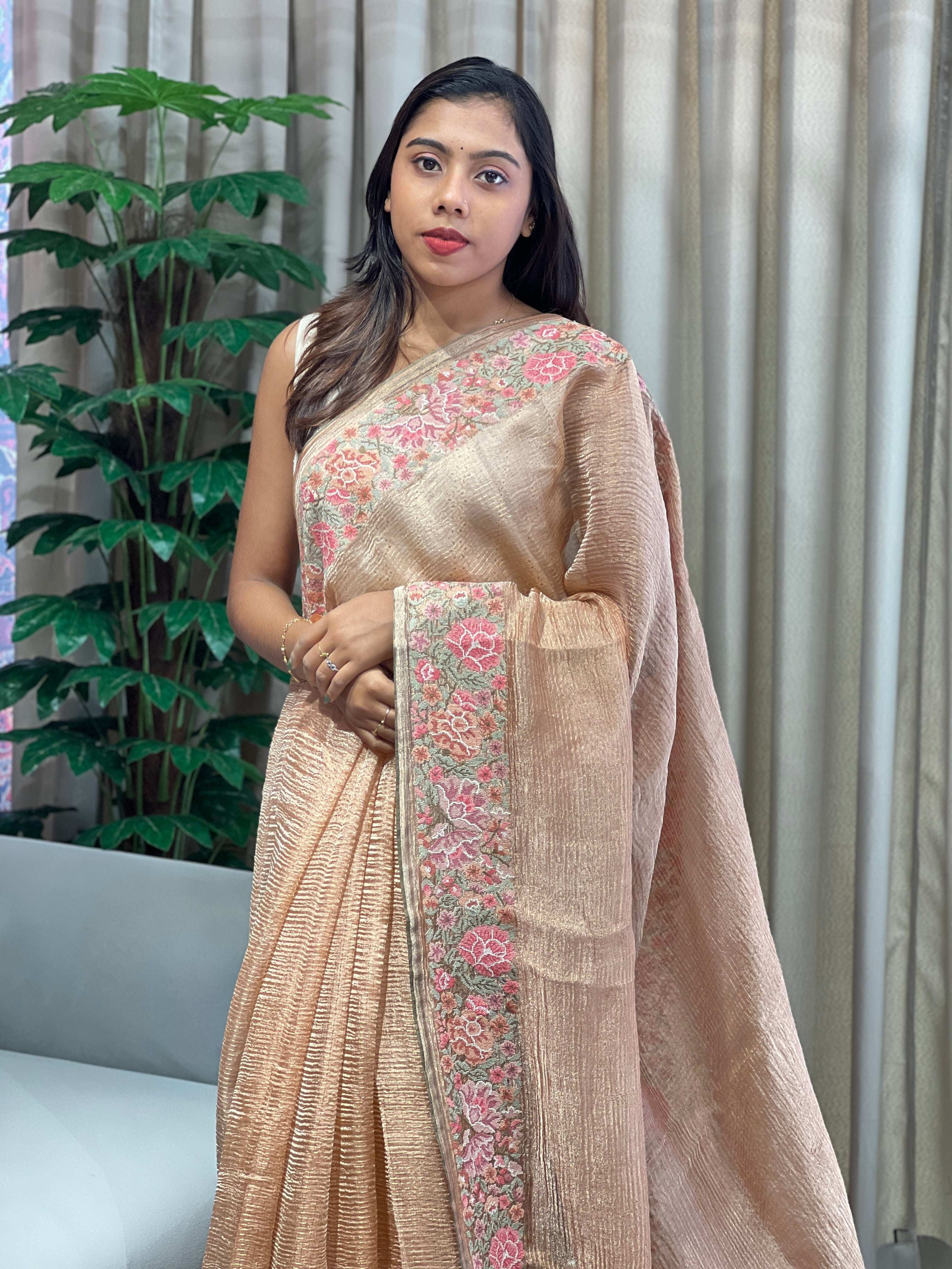 Floral Cross Stitch Embroidery Crushed Shimmer Organza Saree | RGD987R