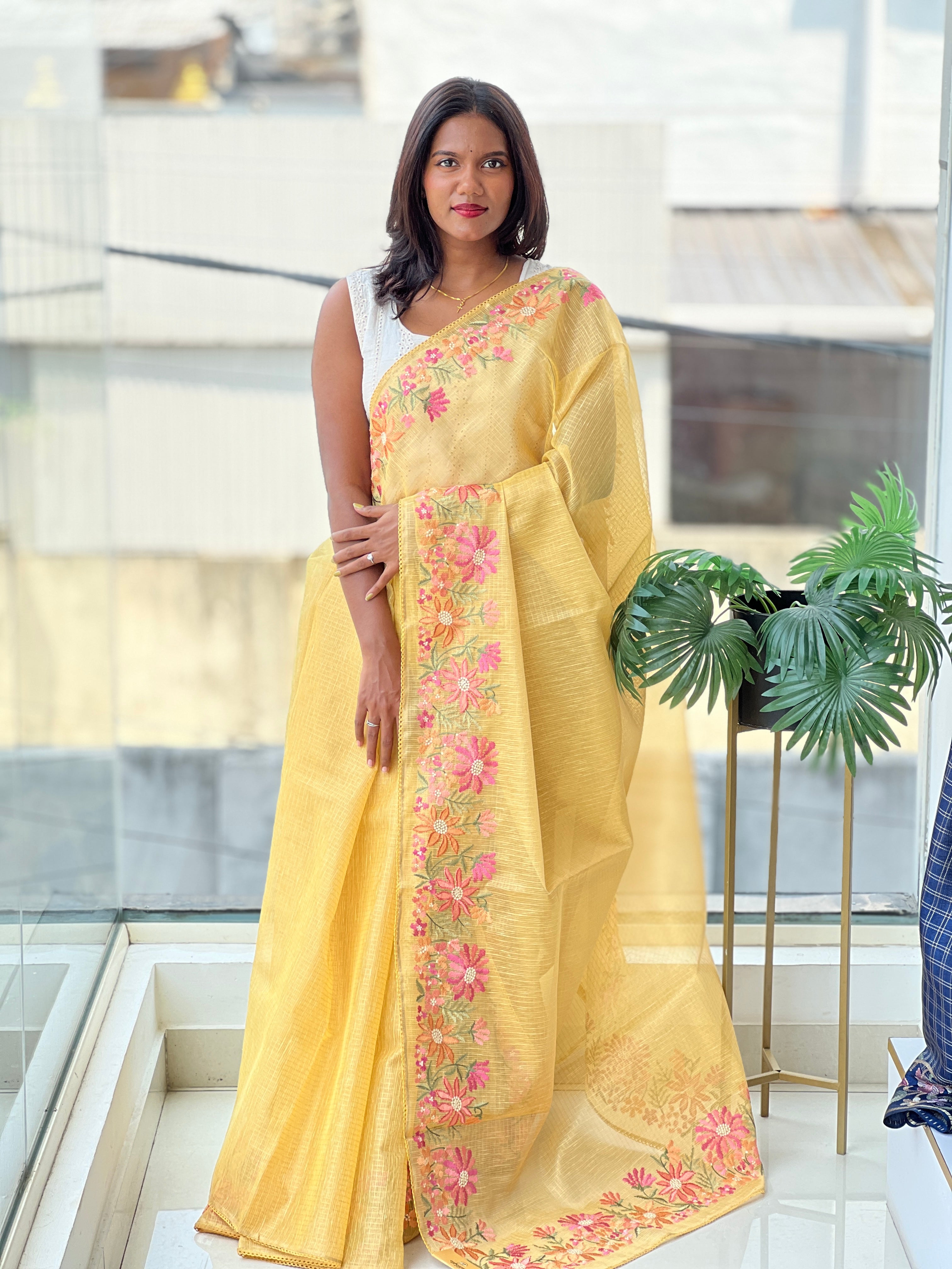 Floral Embroidery Detailed Tissue Kota Saree | PKS209