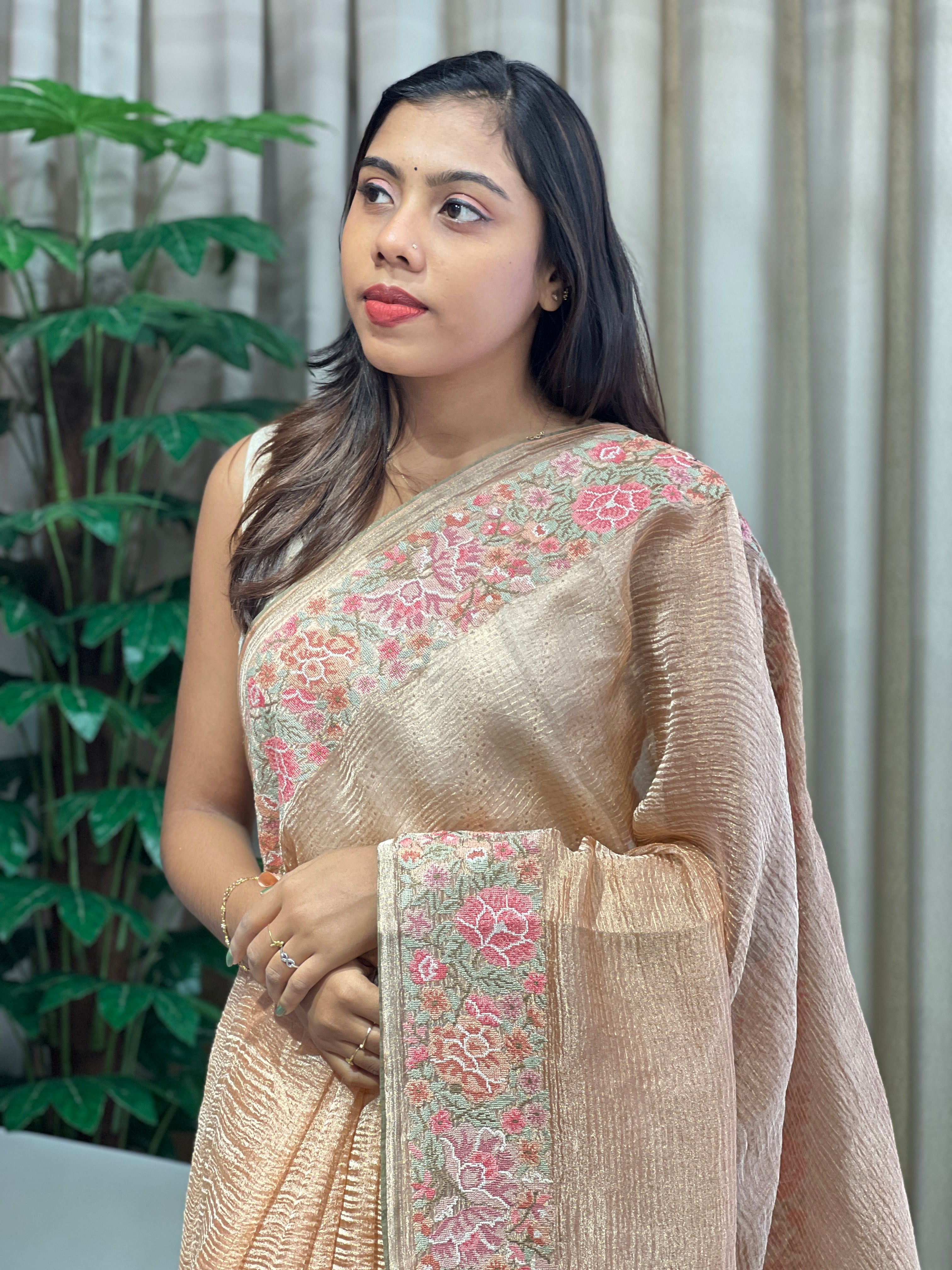 Floral Cross Stitch Embroidery Crushed Shimmer Organza Saree | RGD987R