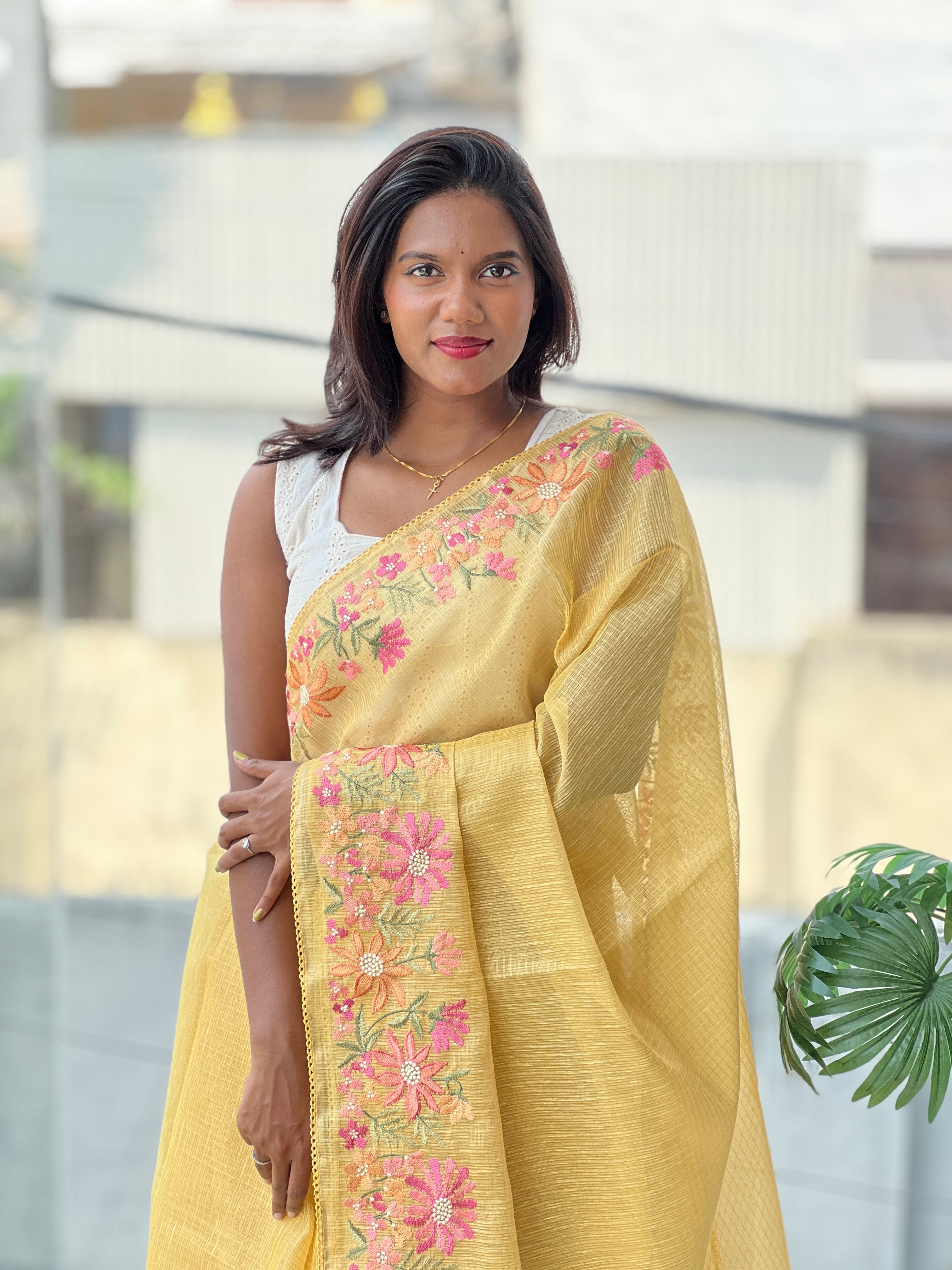 Floral Embroidery Detailed Tissue Kota Saree | PKS209