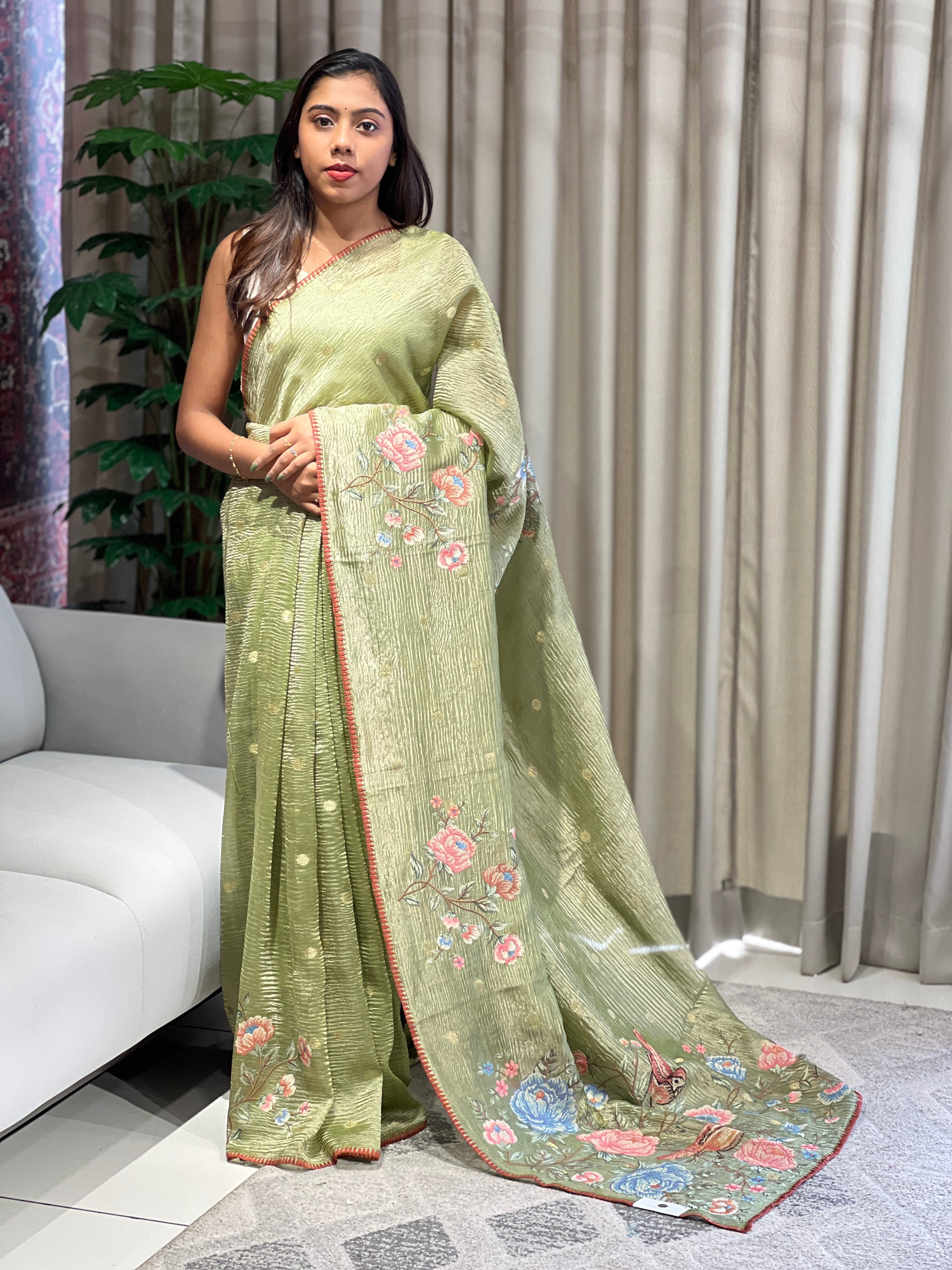 Floral And Bird Embroidery Crushed Shimmer Organza Saree | RGD985R